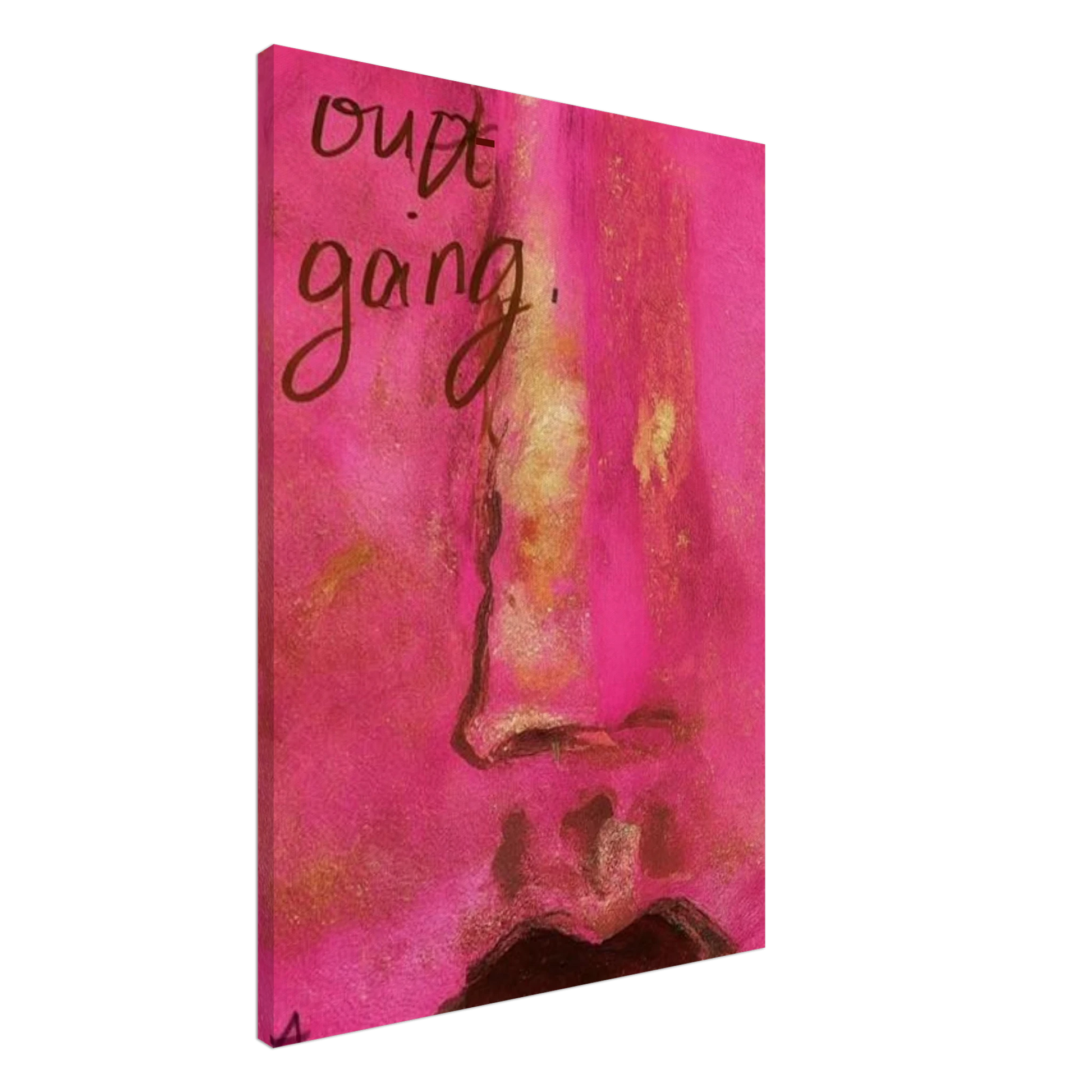 Poster print titled OUT GOING – textured pink and gold close-up from original painting. Bold and stylish wall art by MATCH Wall Art canvas