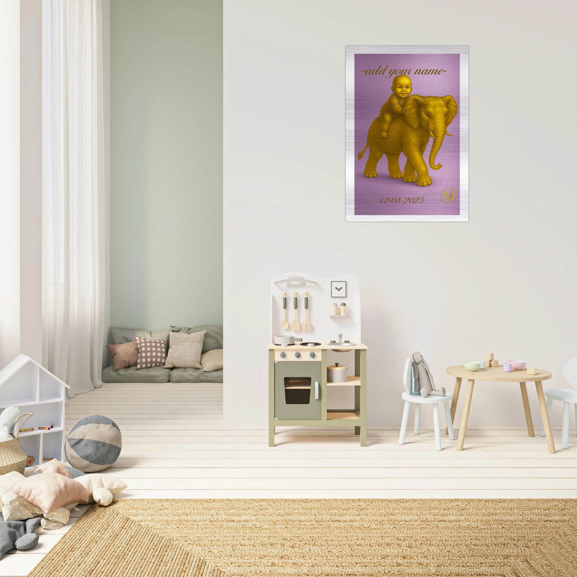 Home decoration Personalized Name piece aluminum. Purple elephant with baby for kids