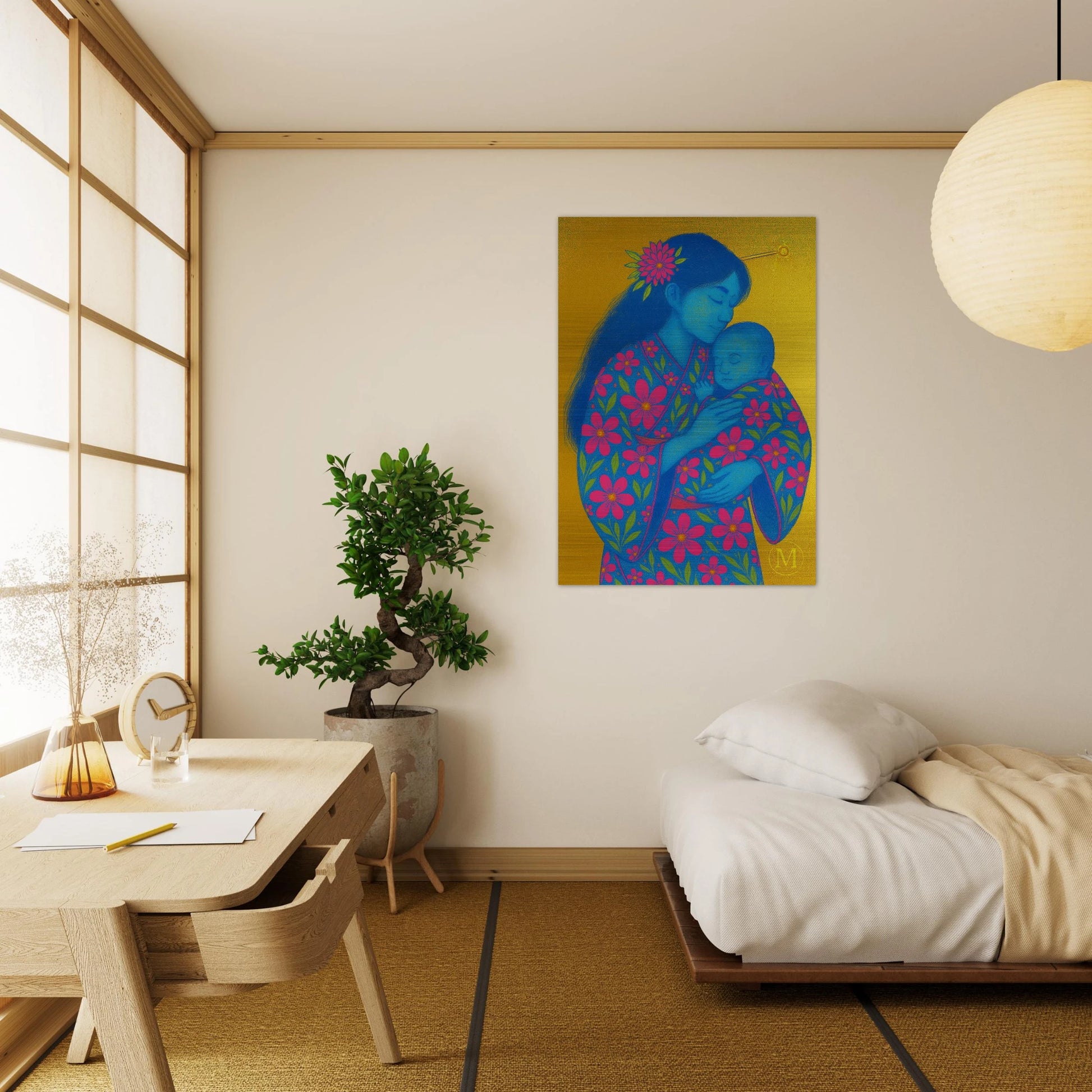 Geisha Moher with baby above bed-brushed aluminum- bold-luxury-wall art-match