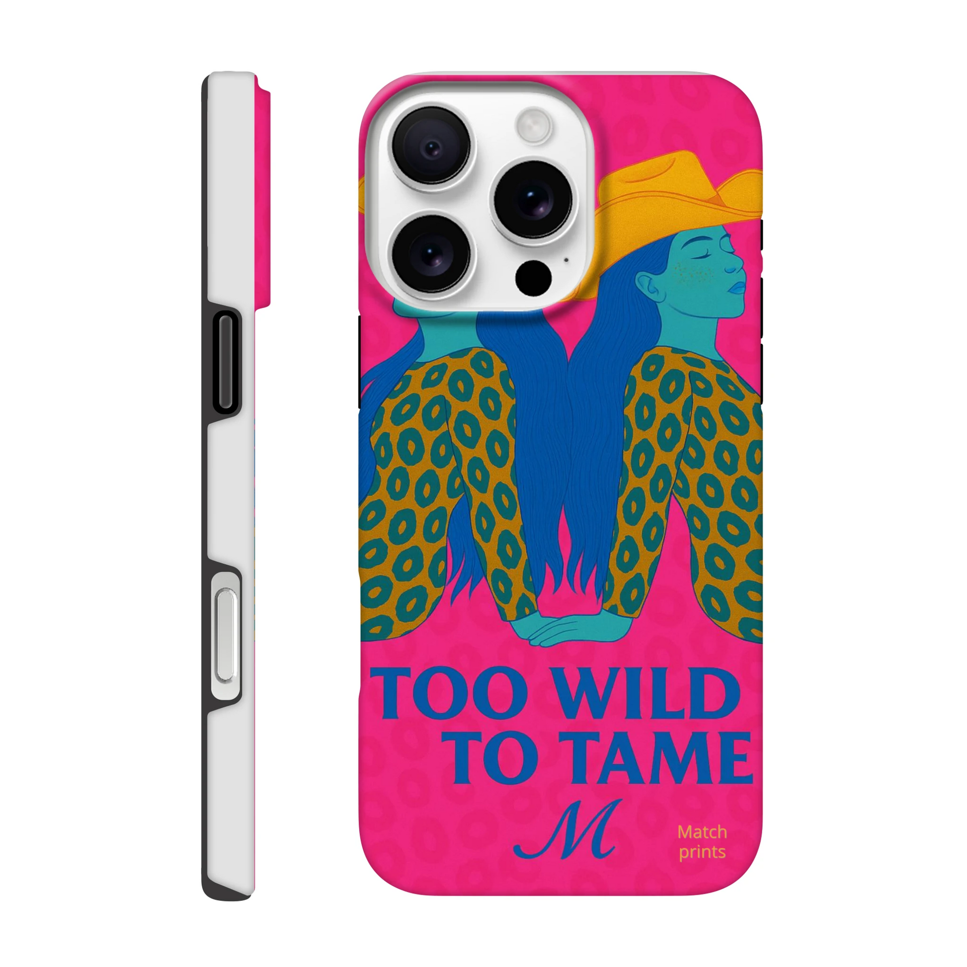 Neon paars blauw telefoonhoesje woman too wild to tame iPhone 16