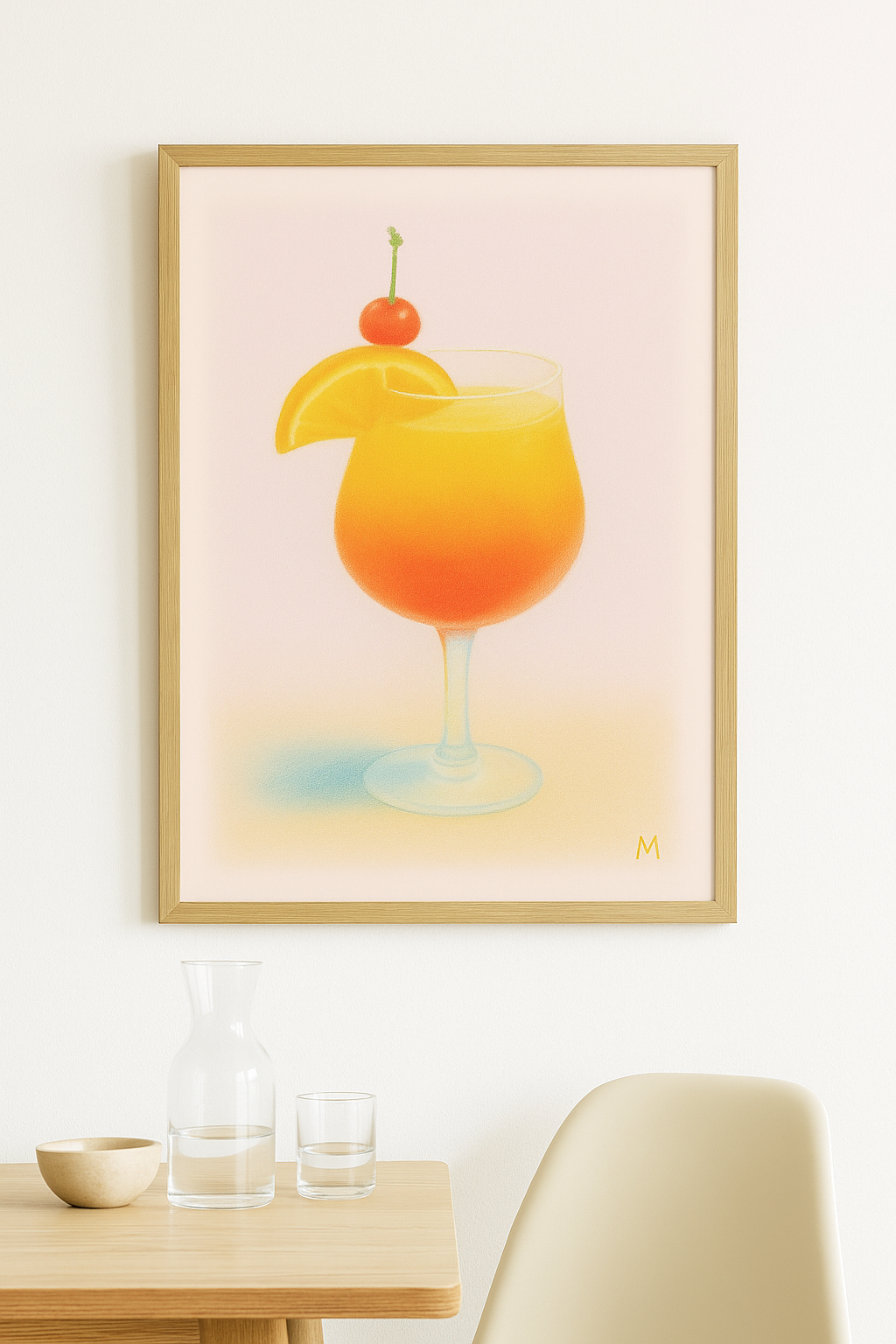 Pastel cocktail poster Tequila Sunrise – digital wall art with cherry and orange