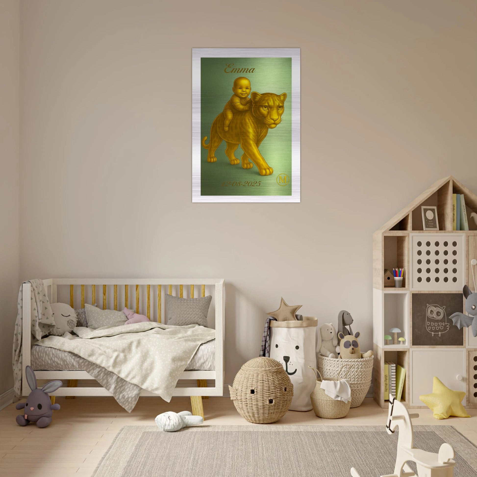 Emma Match Name piece aluminum.Golden tiger with baby for kids room Personalized