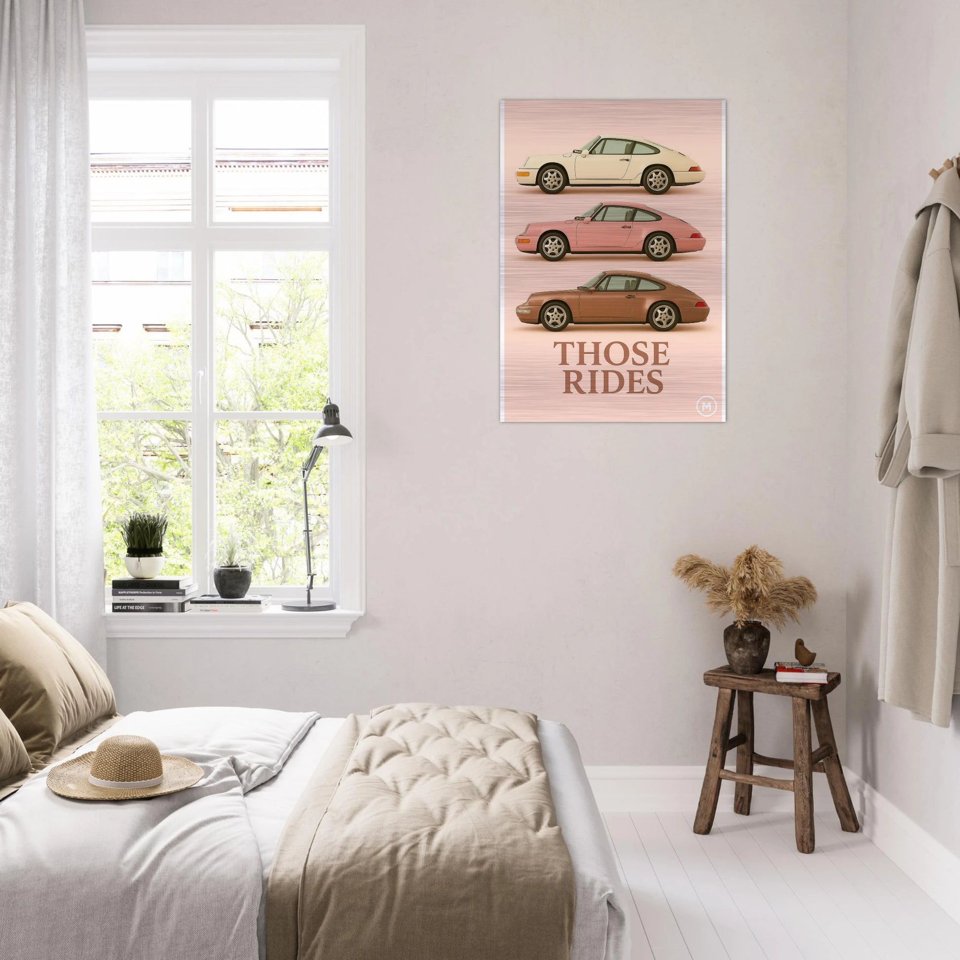 Vintage art poster of three porshes with a floral crown in soft pastel tones, printed on brushed aluminum.
