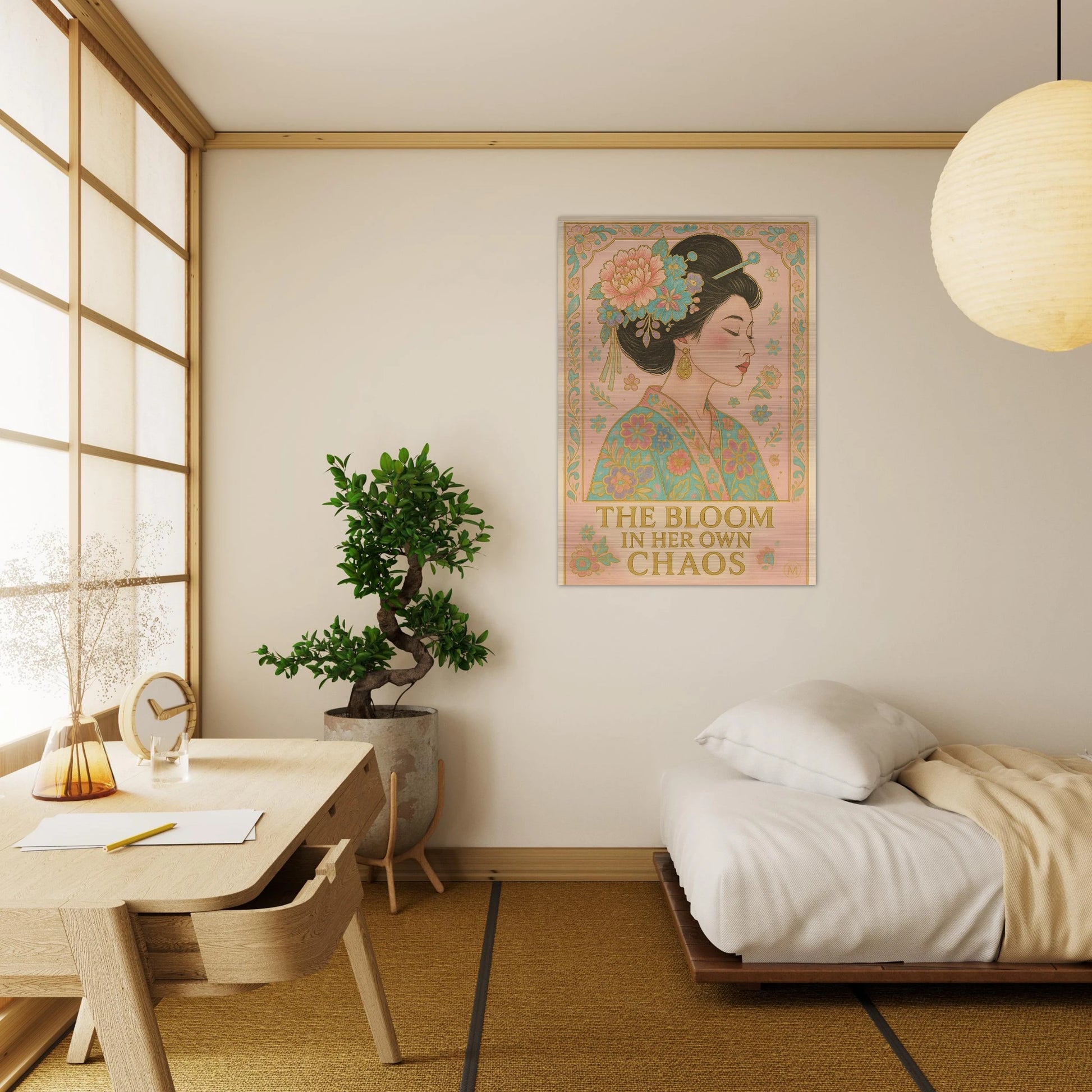Green Kimono Aluminum Poster
Artistic Geisha wall art in bedroom in a green floral kimono with gold accents, printed on brushed aluminum, perfect for Japanese-inspired home decor.