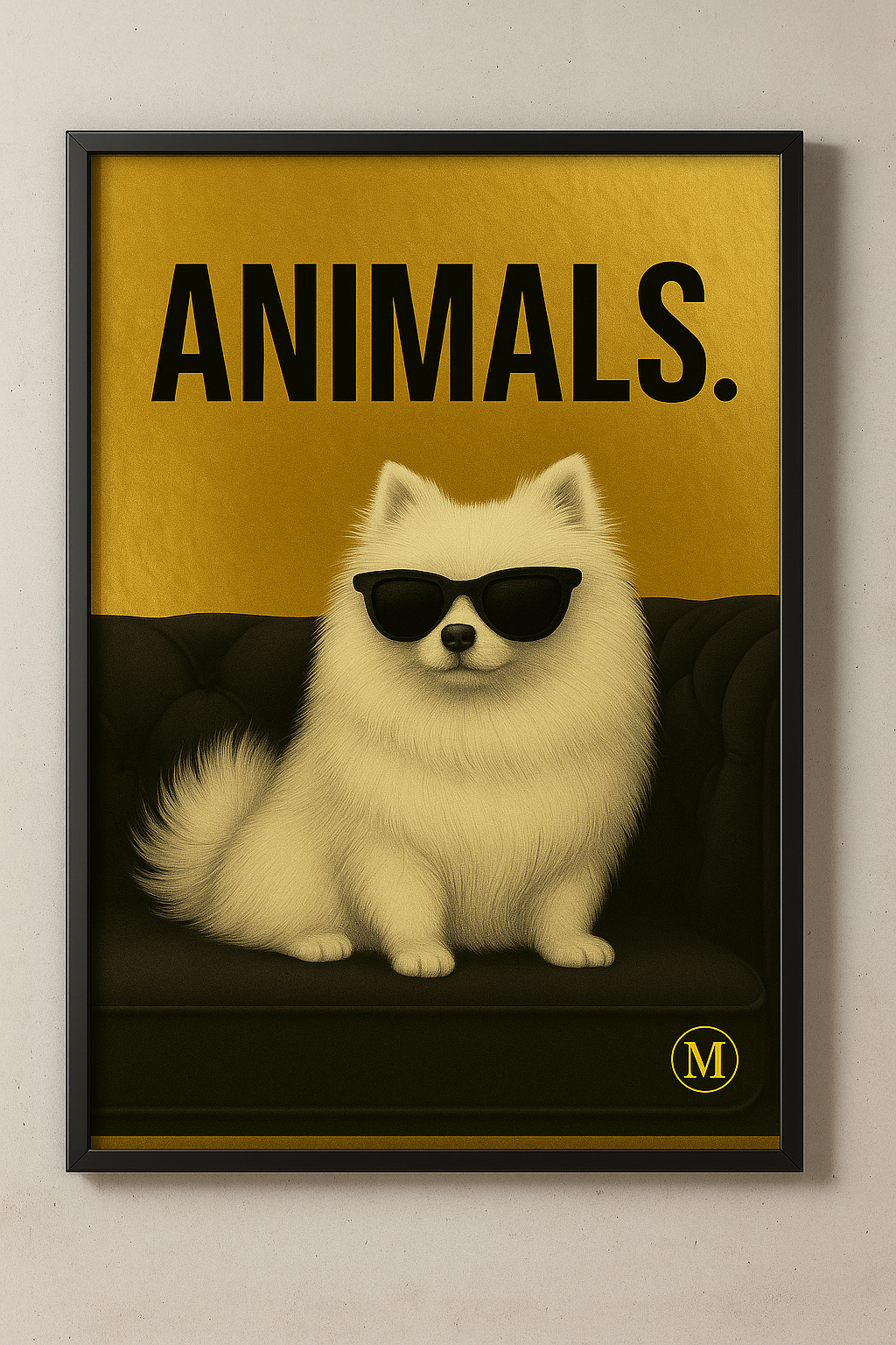 White Pomeranian dog wearing black sunglasses on a black velvet sofa with gold background and bold text I am boss - match wall art animal collection