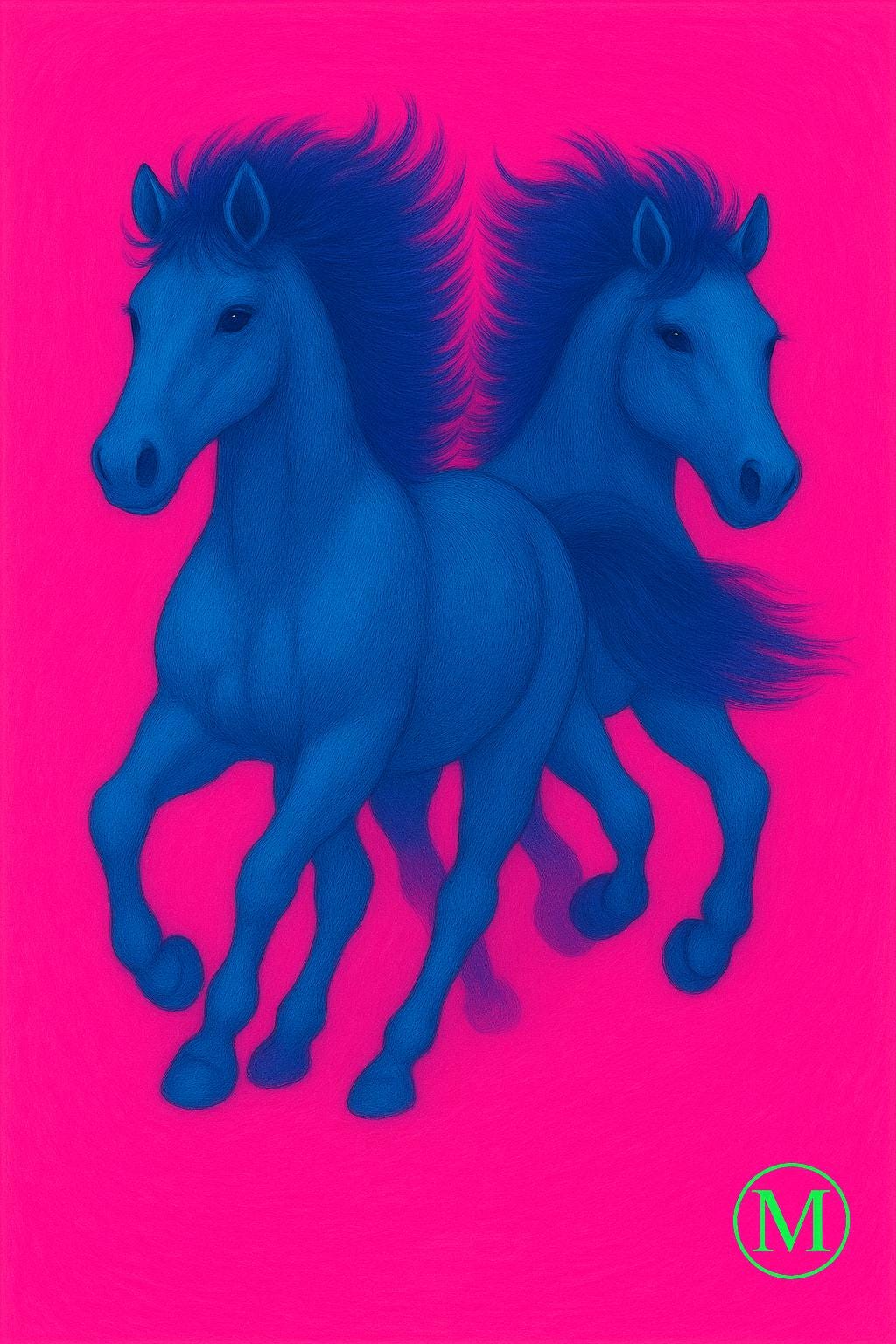 Running Horses Art Print - Pink Blue- Digital Download Poster