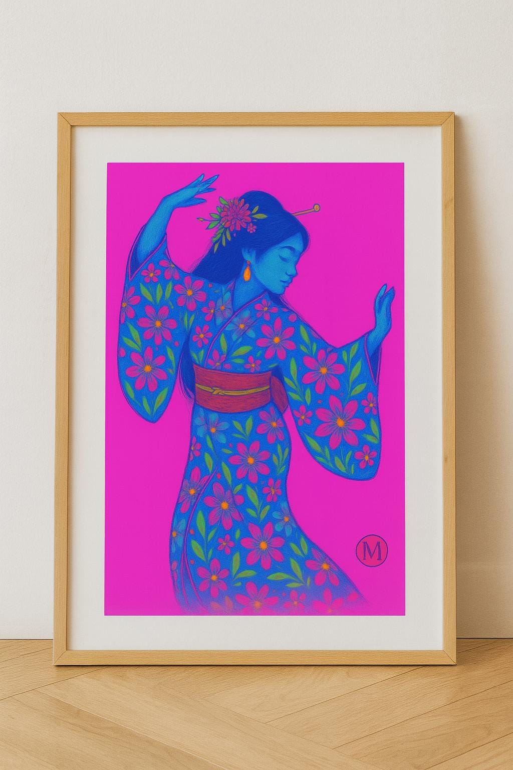 Neon Geisha Art Print - Pink Blue Purple - Digital download