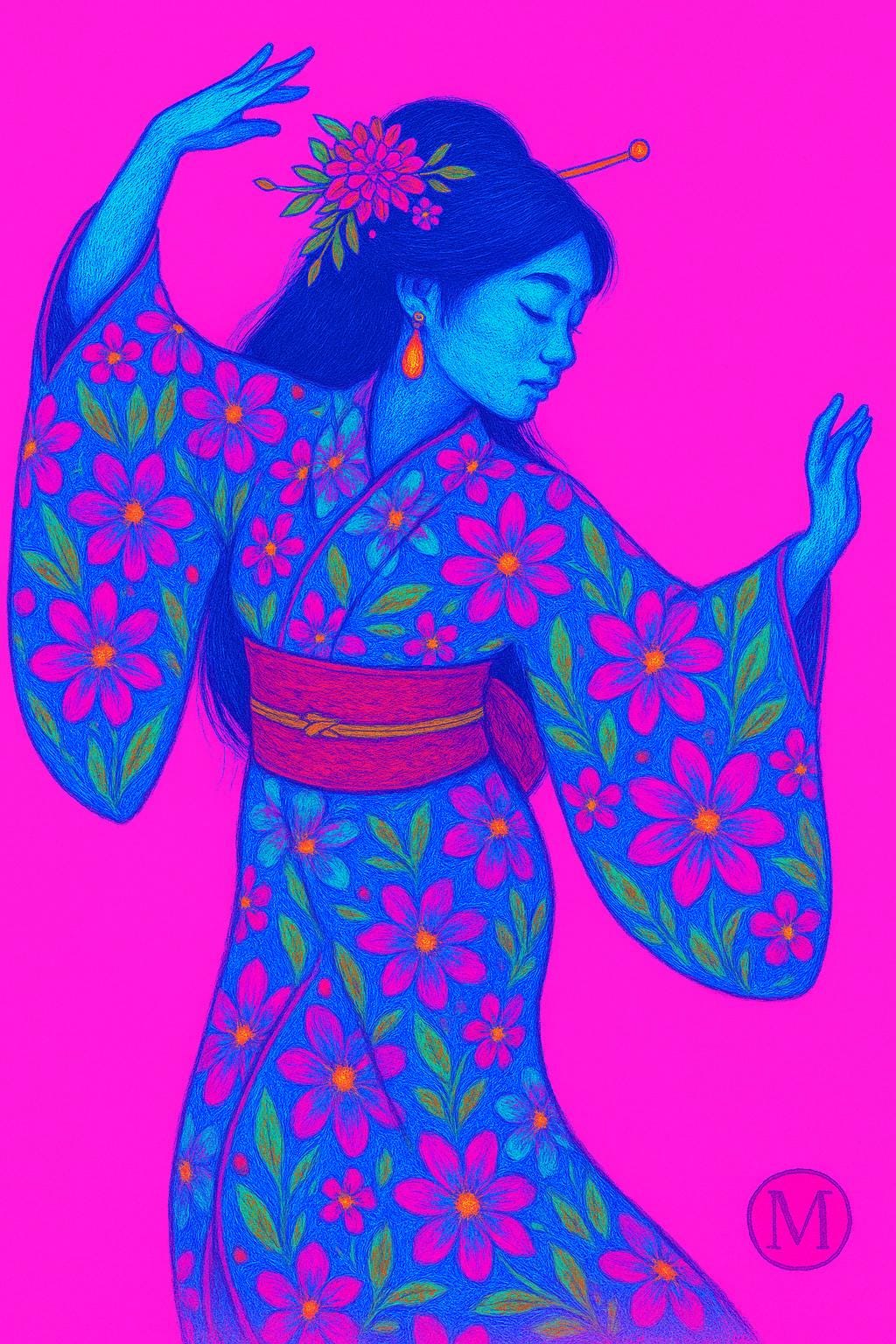 Neon Geisha Art Print - Pink Blue Purple - Digital download