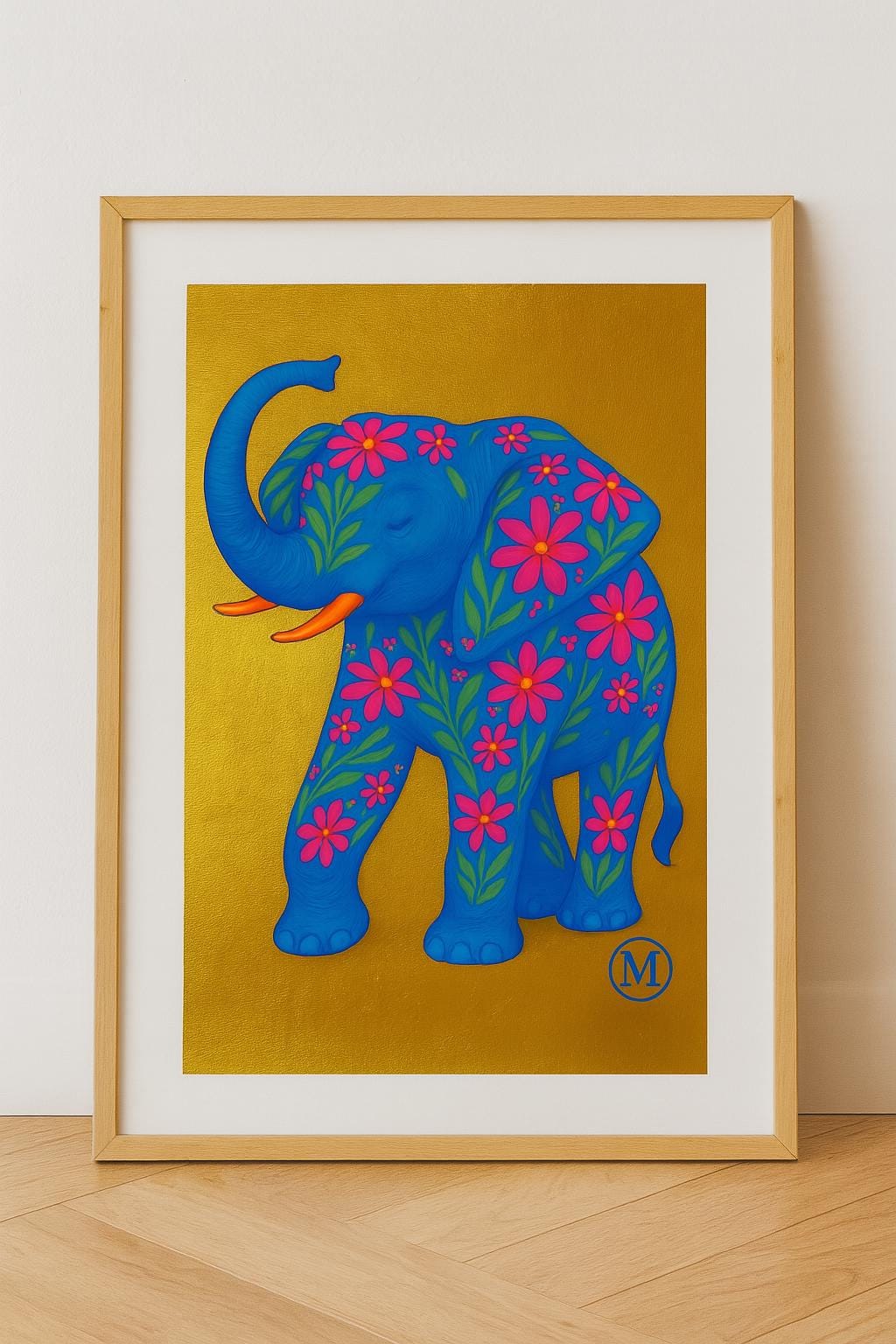 Golden Blue Neon Elephant Print - Digital Poster