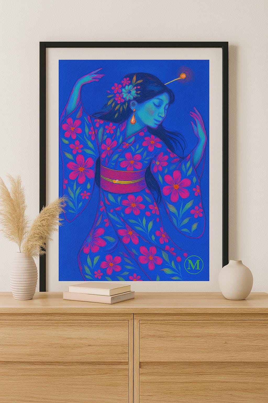 Blue Neon Geisha Art Print - Digital Download