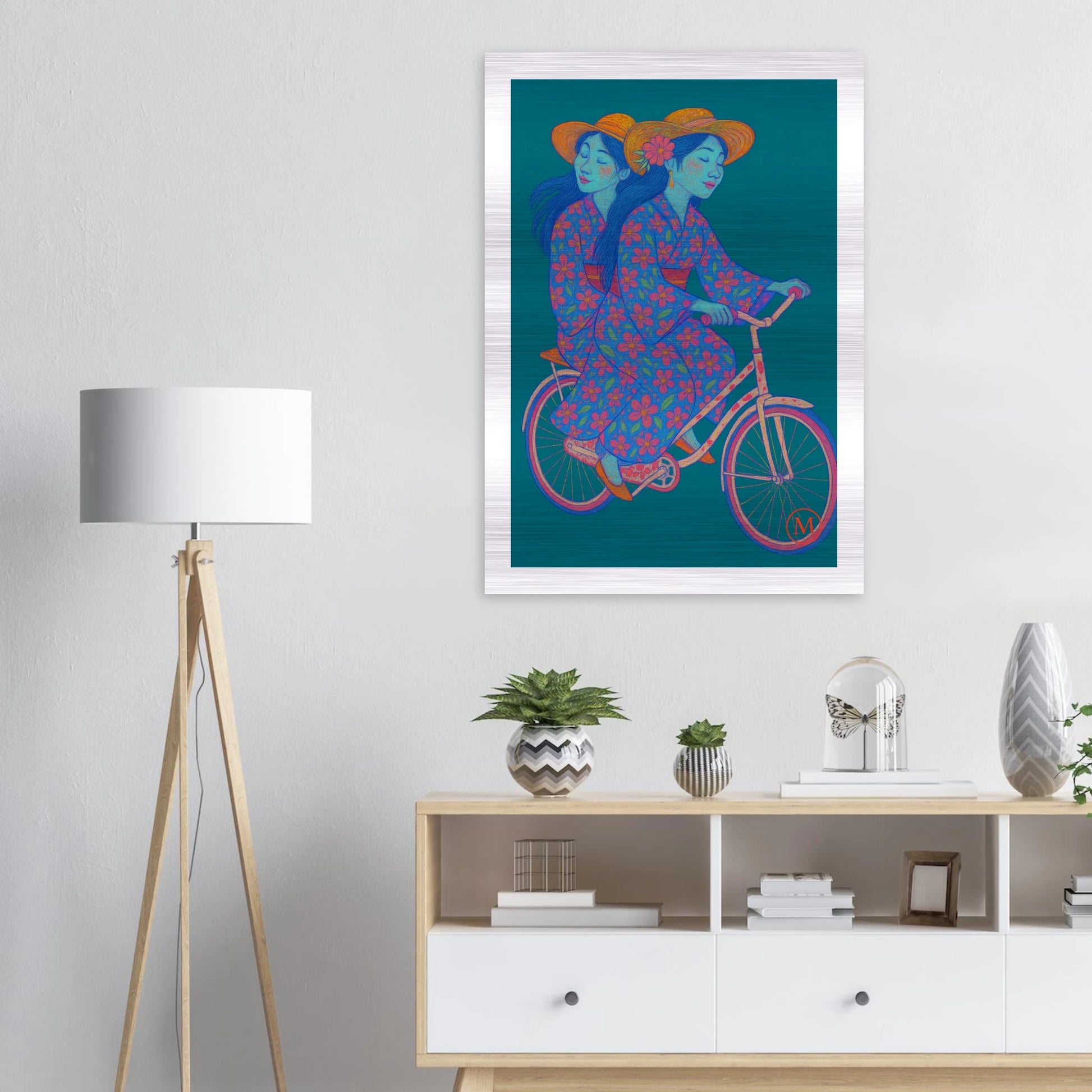two-geishas-cherry-blossom-aluminum-wall-art hanging in living room 