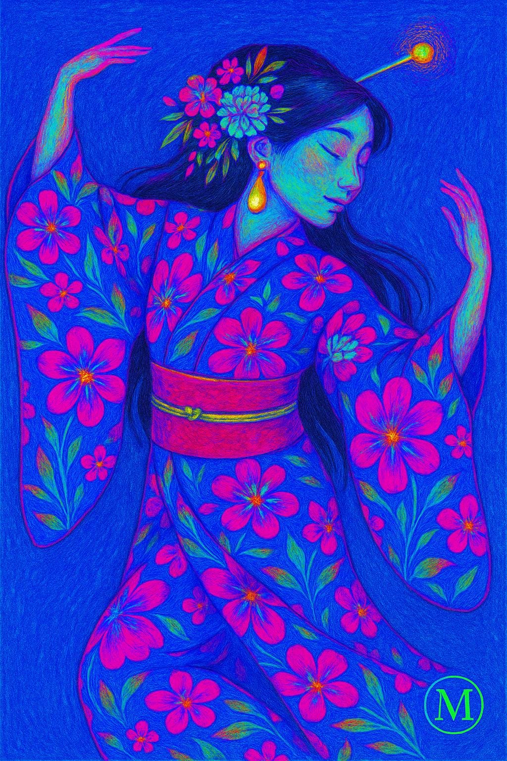 Blue Neon Geisha Art Print - Digital Download