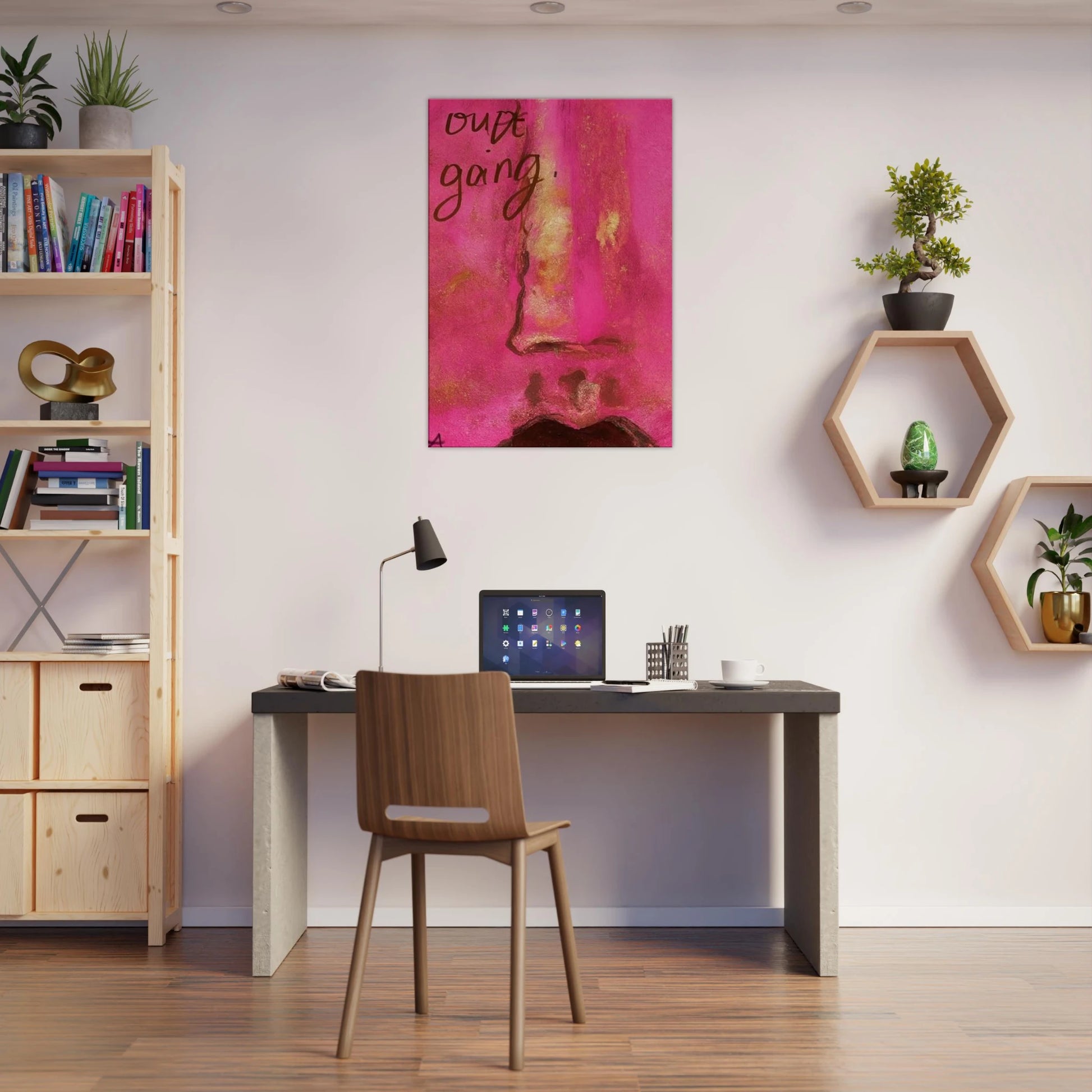 Poster print titled OUT GOING – textured pink and gold close-up from original painting. Bold and stylish wall art by MATCH Wall Art.

