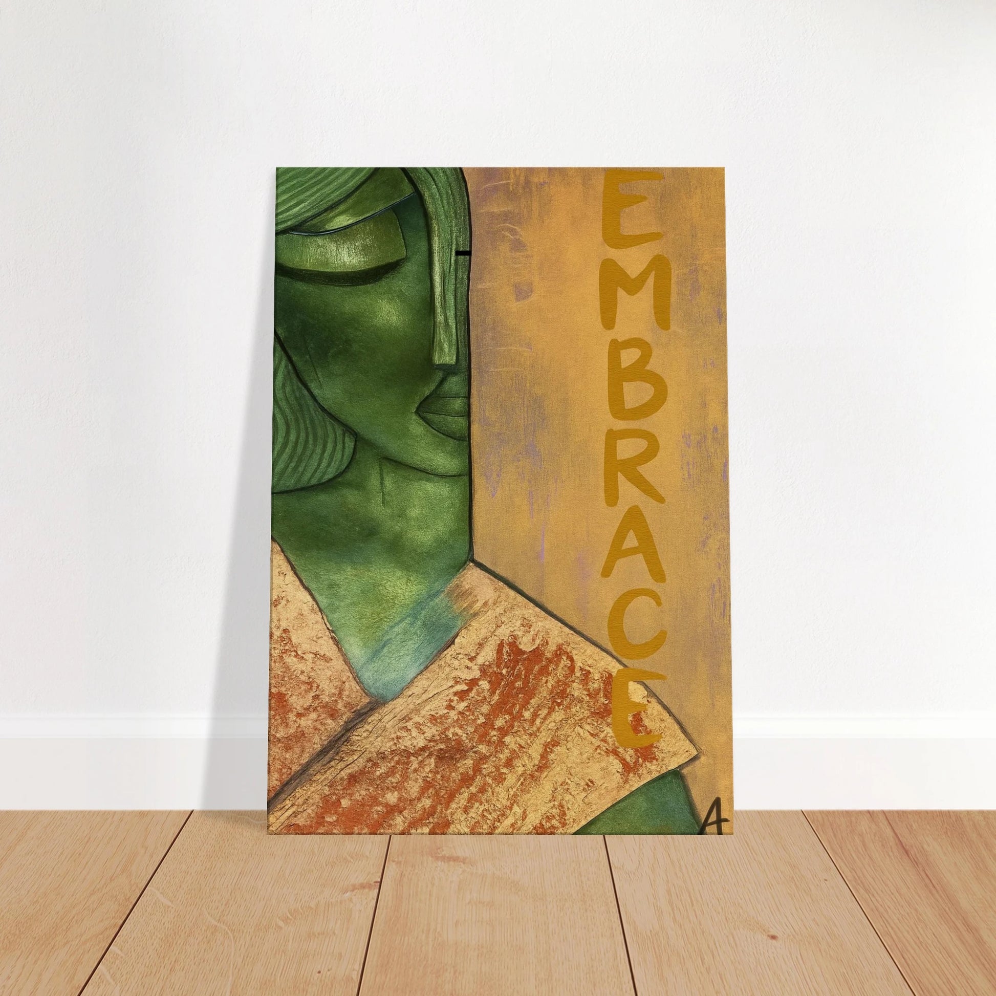 wall art print titled embrace – textured green and gold close-up from original painting. Bold and stylish wall art by MATCH Wall Art.