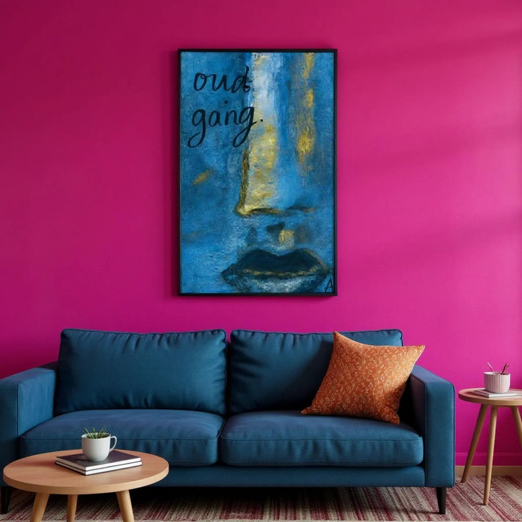 Poster print titled OUT GOING – textured blue and gold close-up from original painting. Bold and stylish wall art by MATCH Wall Art.

