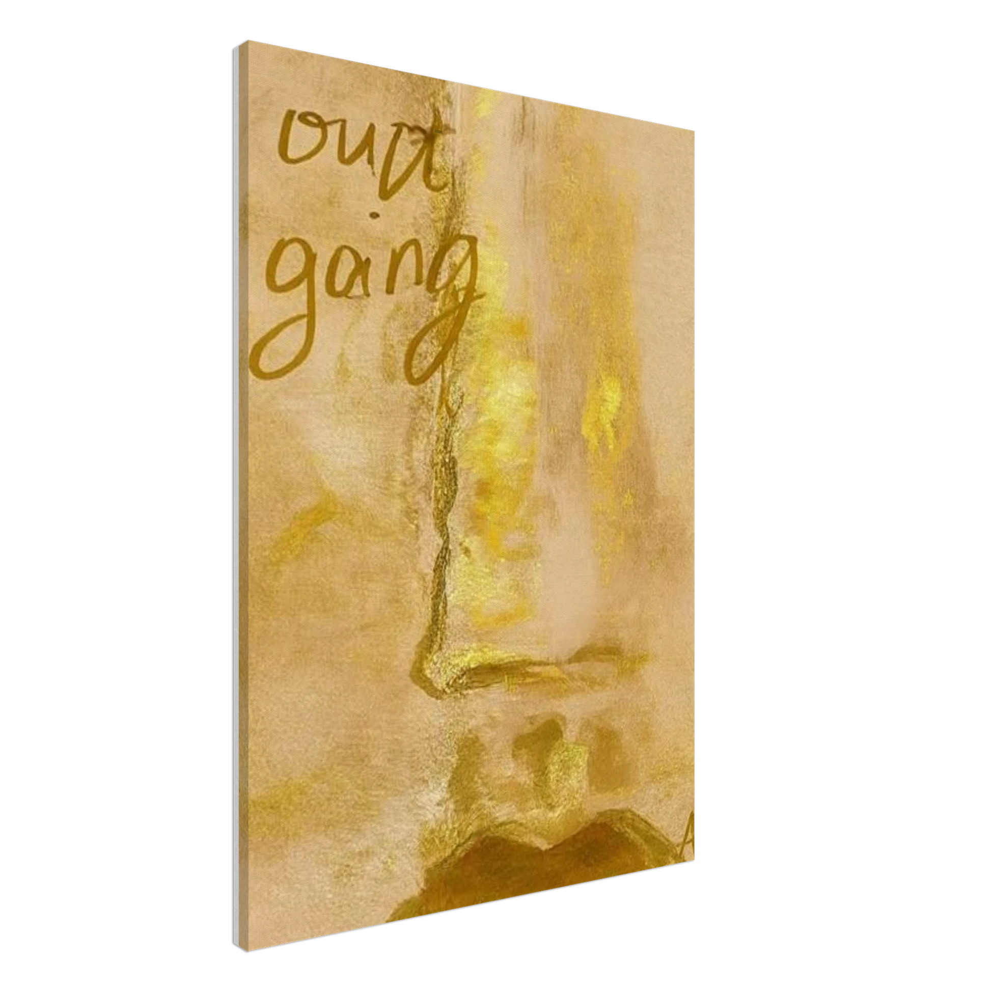 Poster print titled OUT GOING – textured beige and gold close-up from original painting. Bold and stylish wall art by MATCH Wall Art.