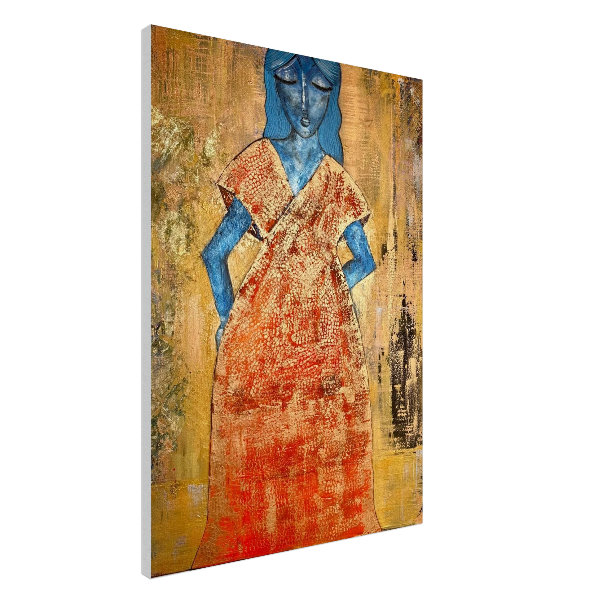 Poster print titled OUT GOING – textured orange originlal and gold from original painting. Bold and stylish wall art by MATCH Wall Art.