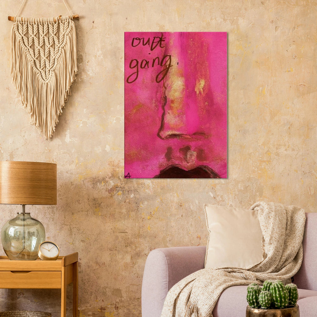 Poster print titled OUT GOING – textured pink and gold close-up from original painting. Bold and stylish wall art by MATCH Wall Art.
