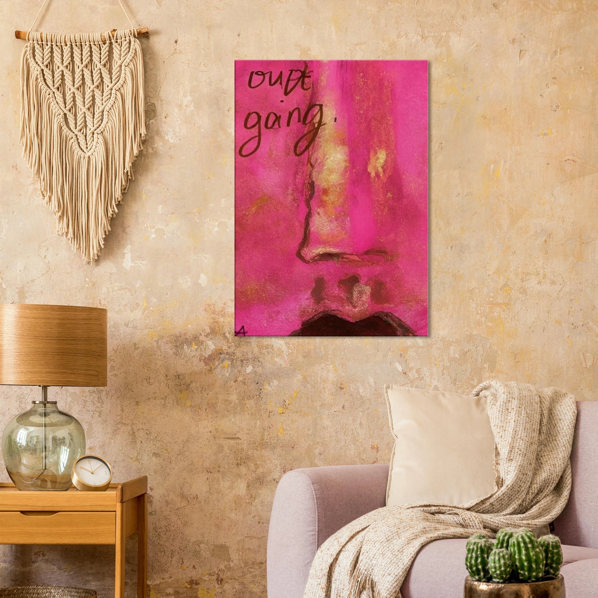 Poster print titled OUT GOING – textured pink and gold close-up from original painting. Bold and stylish wall art by MATCH Wall Art.
