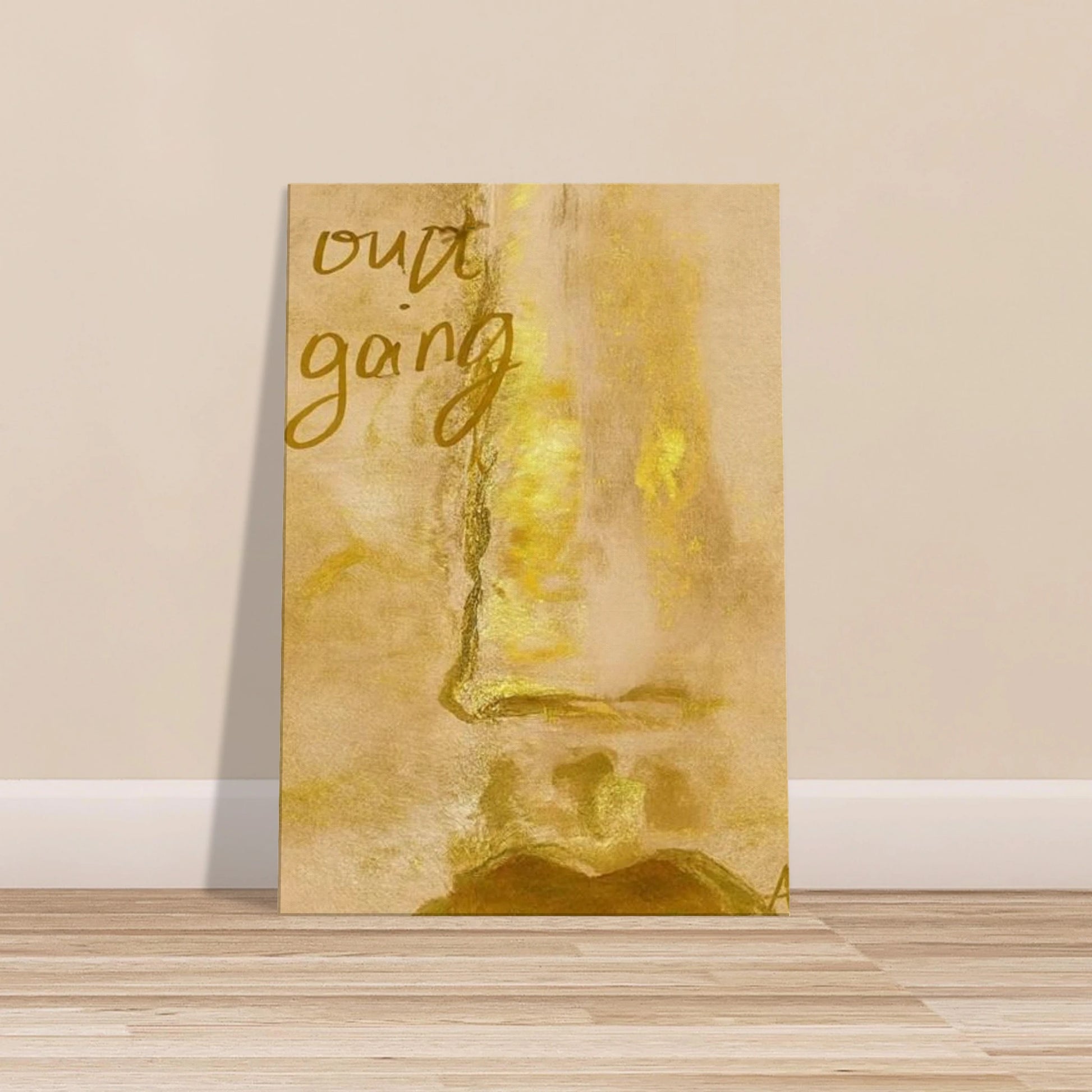 Poster print titled OUT GOING – textured beige and gold close-up from original painting. Bold and stylish wall art by MATCH Wall Art.

