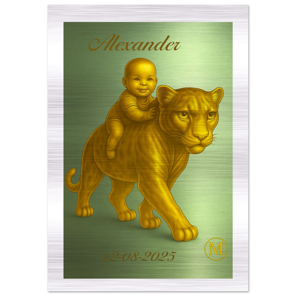 Personalized brushed aluminium wall art gift with baby name. Luxury nursery decor & unique birth gift featuring a golden panther