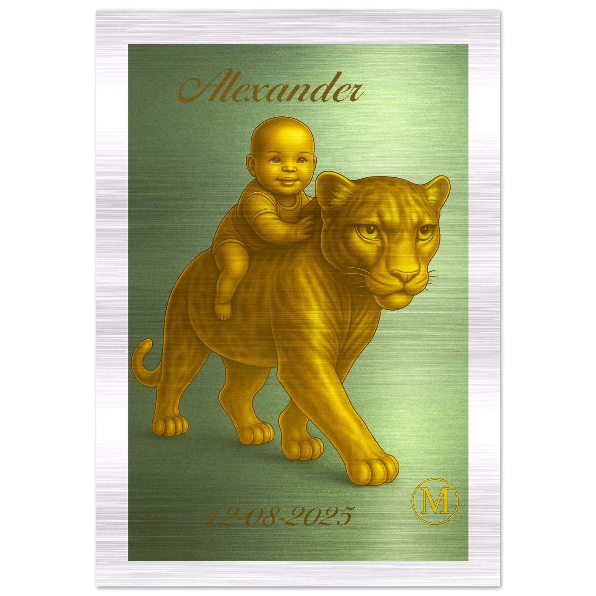 Personalized brushed aluminium wall art gift with baby name. Luxury nursery decor & unique birth gift featuring a golden panther