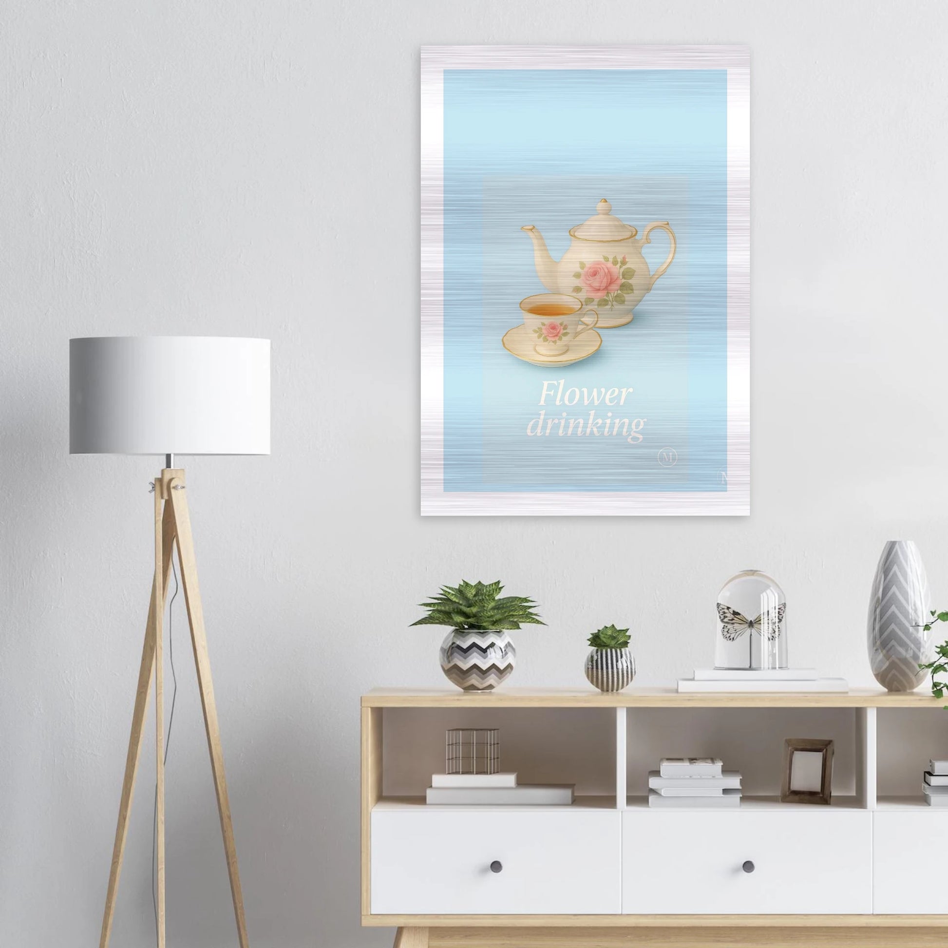 flower Thinking blue tea cup on Aluminum