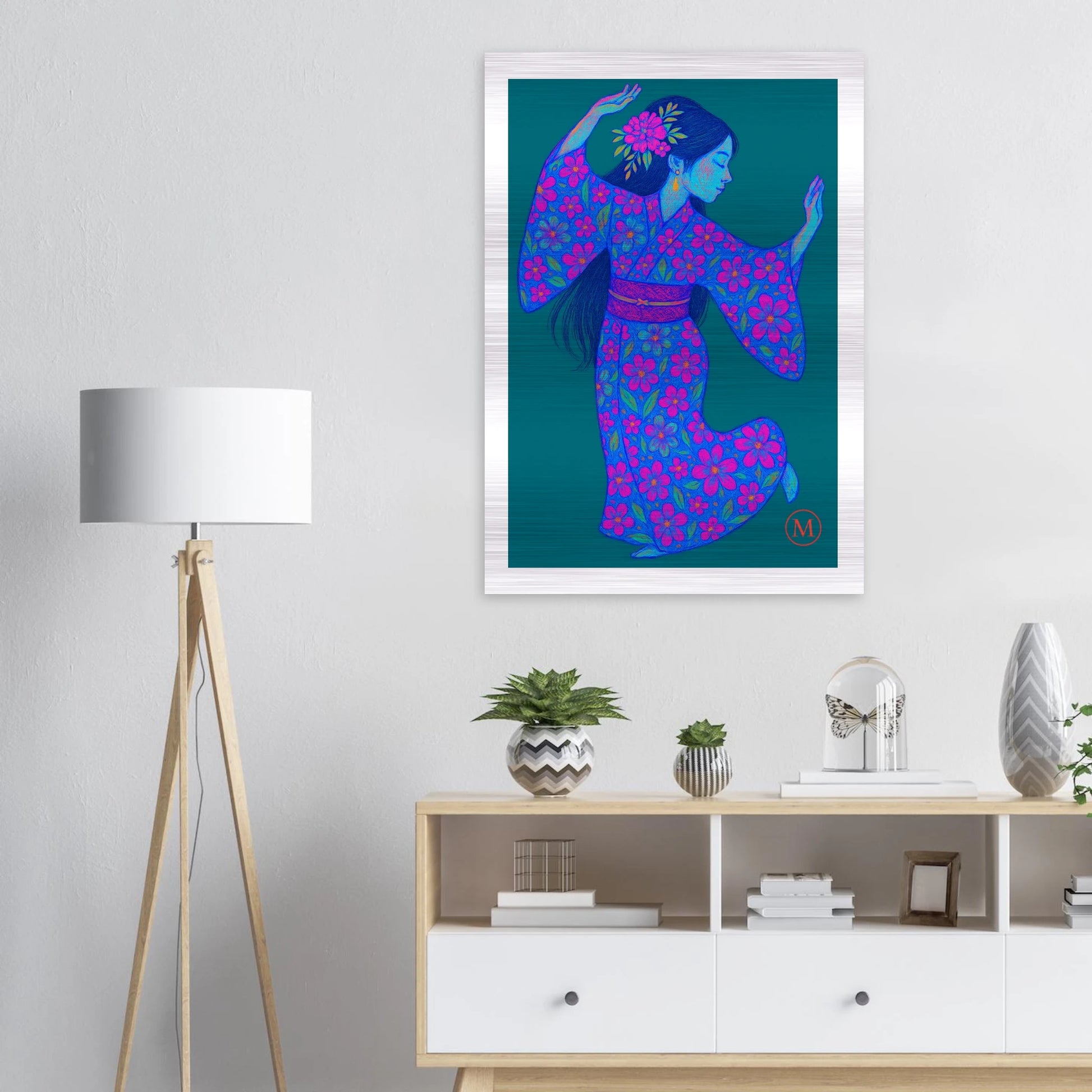 Artistic Geisha wall art in a green floral kimono with colorfull accents, printed on brushed aluminum wall art
