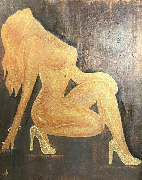 sensual female painting, golden figure art, contemporary canvas artwork, modern figurative painting