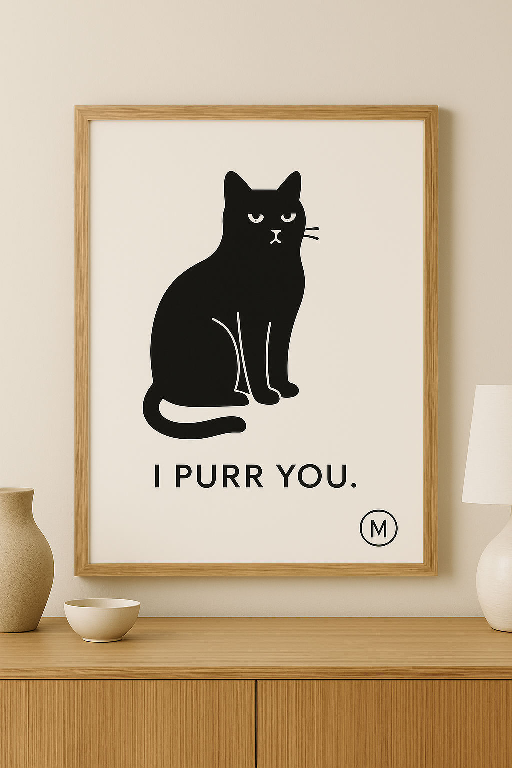 Cute black cat silhouette with 'i purr you' text, minimalist cat lover wall art, digital download, printable home decor