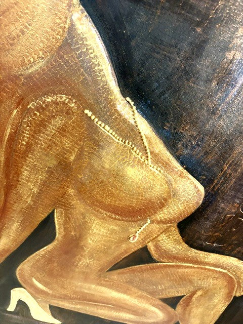female painting, golden figure art, contemporary canvas artwork, modern figurative painting