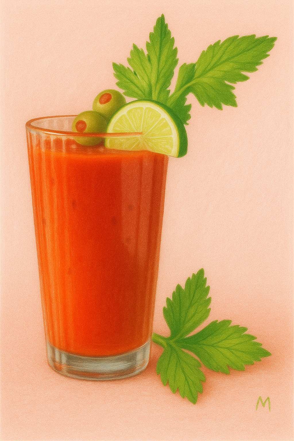 Pastel cocktail poster Bloody Mary – minimal art print with celery and lemon, perfect for kitchen or restaurant wall décor