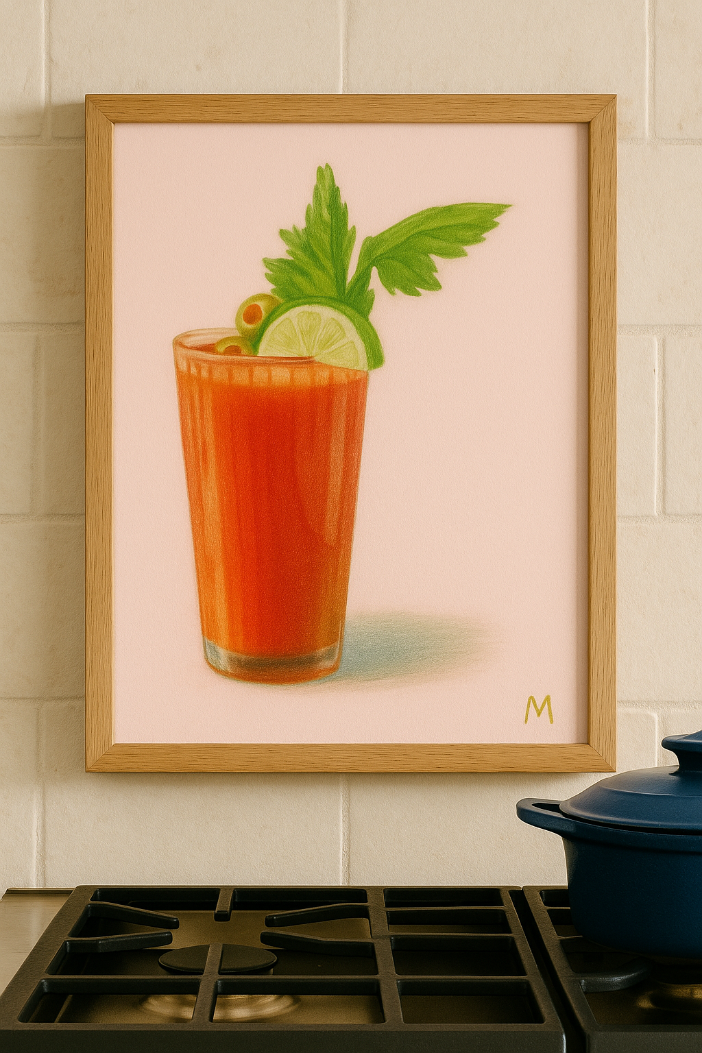 Pastel cocktail poster Bloody Mary – minimal art print with celery and lemon, perfect for kitchen or restaurant wall décor