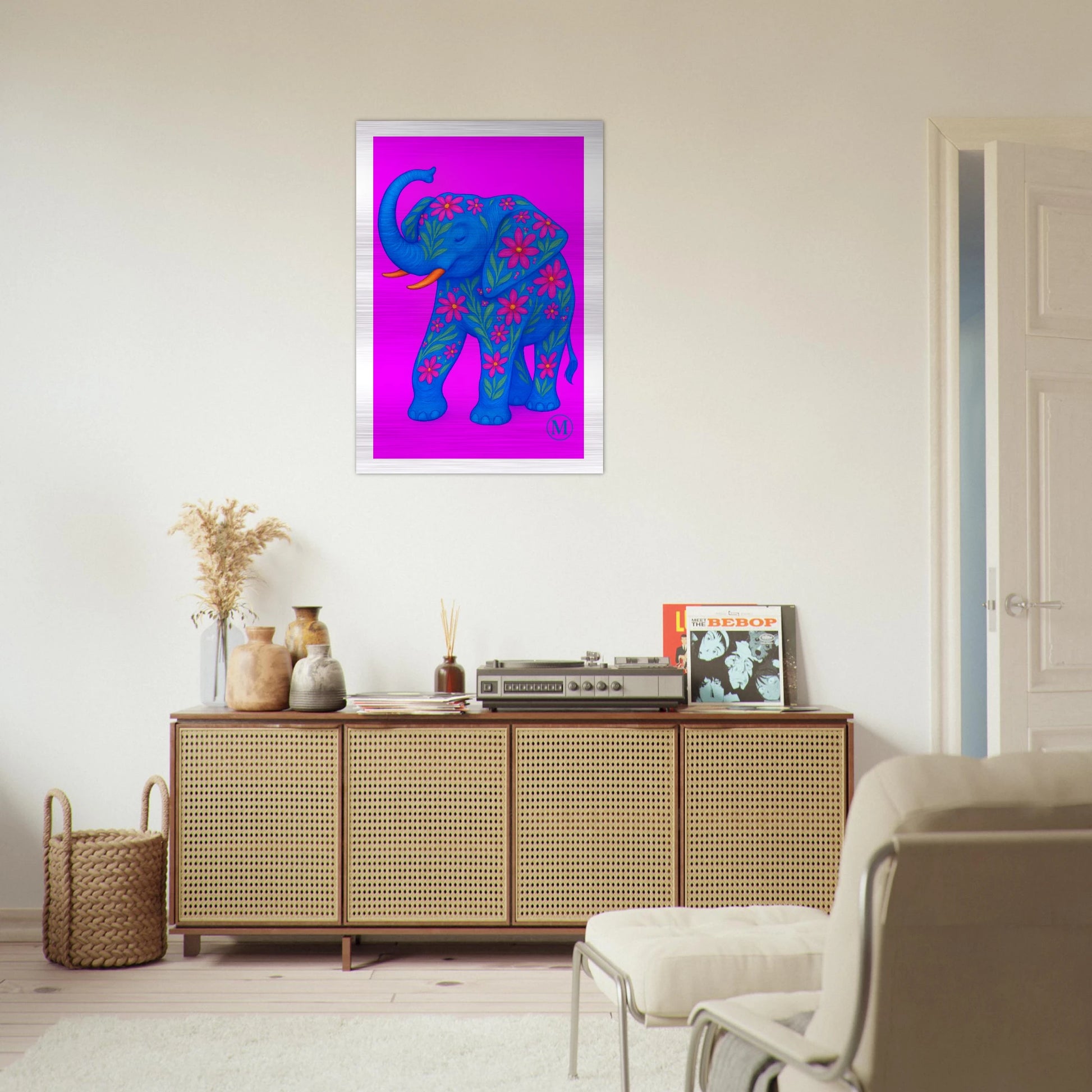 pink noen elephant brushed aluminum wall art -wildlife statement piece by MATCH Wall Art bold lux