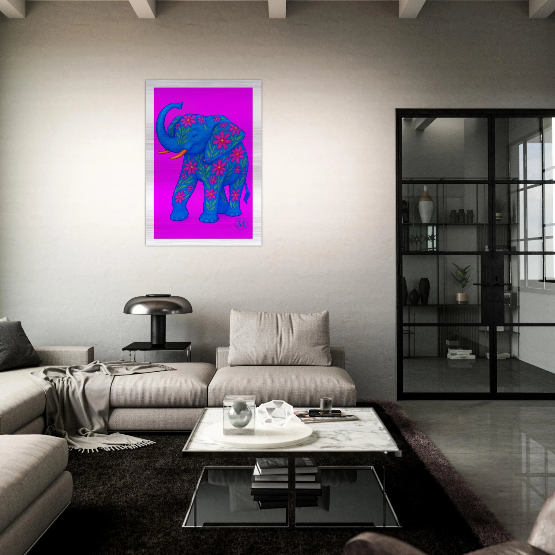 pink noen elephant brushed aluminum wall art -living room-statement piece by MATCH Wall Art-trendy art