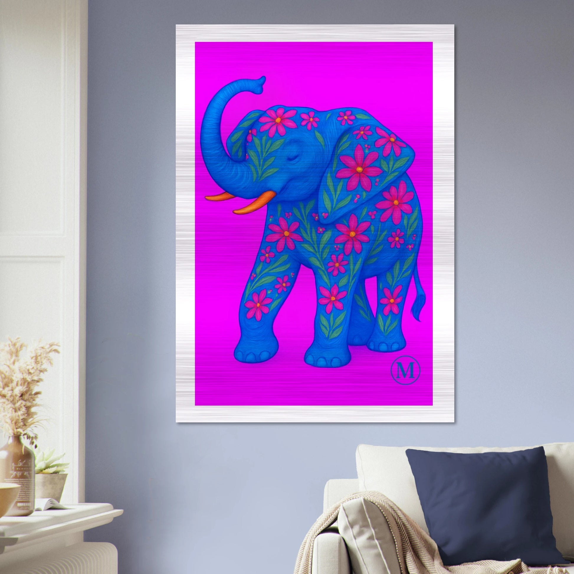 noen elephant pink brushed aluminum wall art -wildlife statement piece by MATCH Wall Art trending