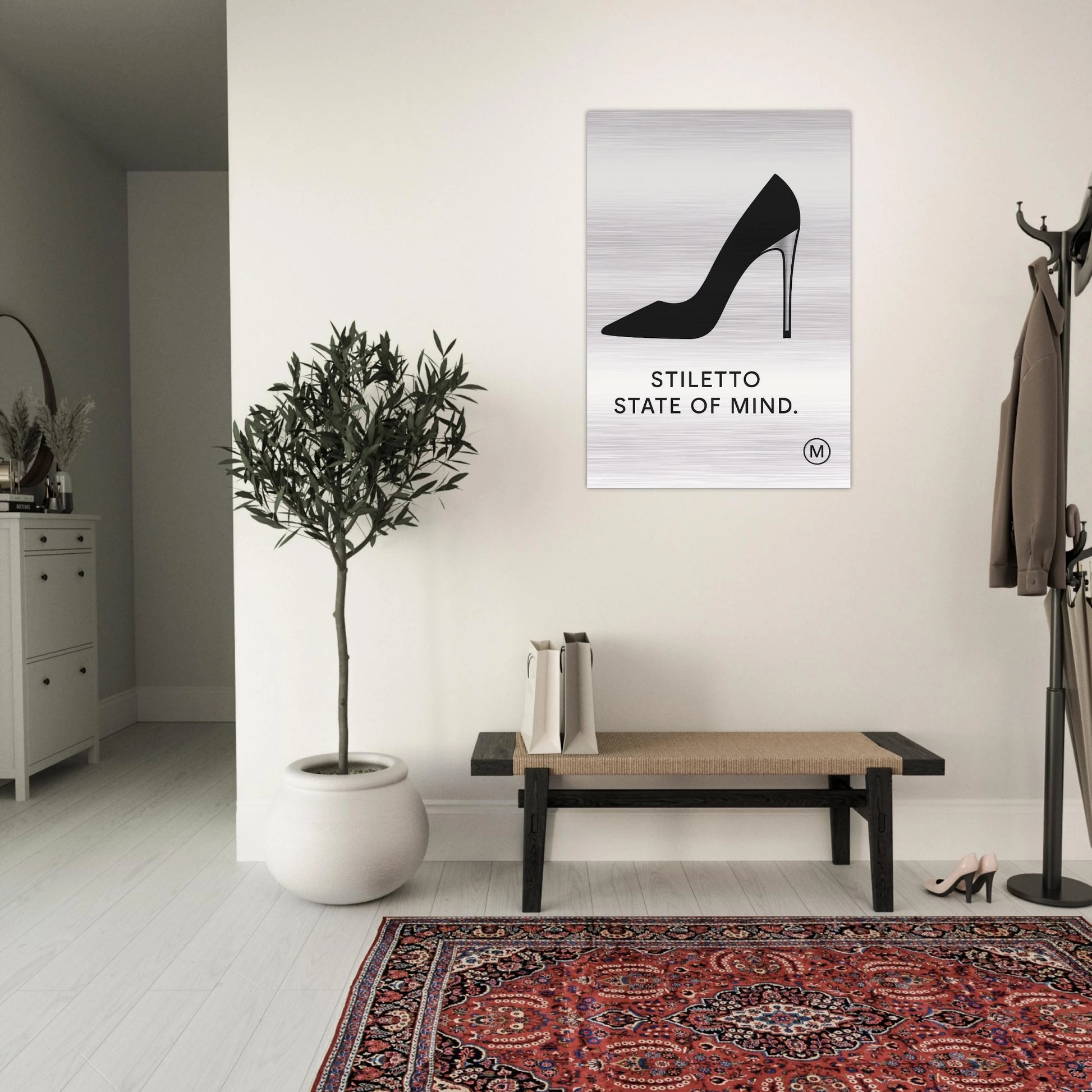 Luxury  stiletto state of mind in hall brushed aluminum wall art — gallery-quality statement piece by MATCH Wall Art