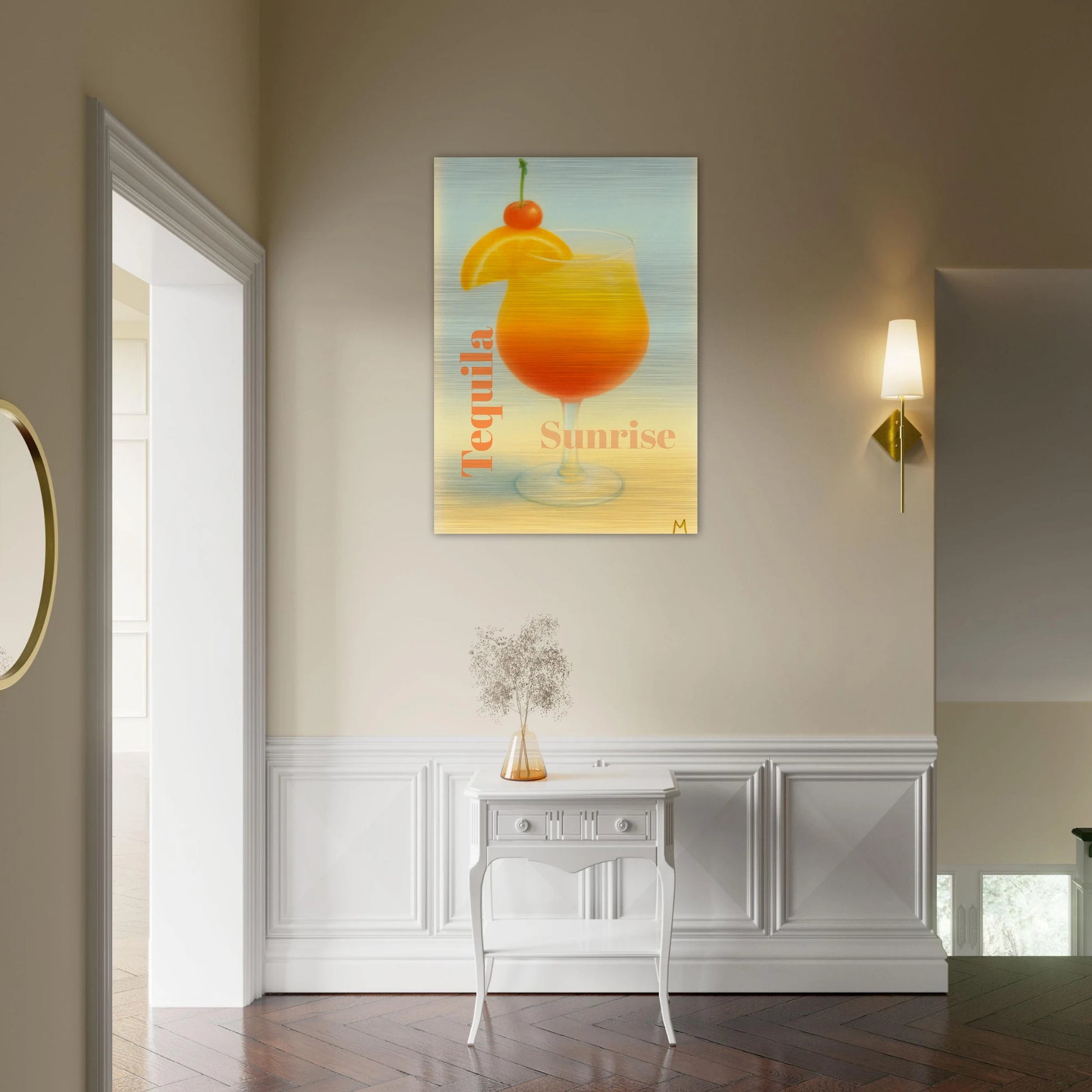 Tequila Sunrise cocktail with orange slice and cherry on brushed aluminium in vintage pastel style