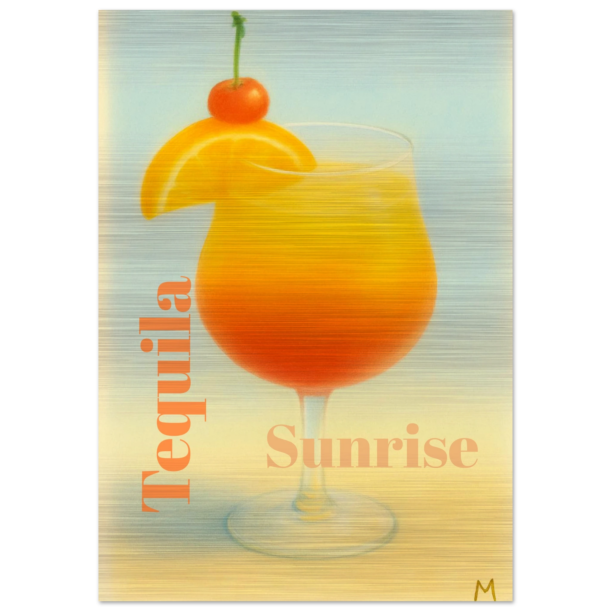 Vibrant Tequila Sunrise cocktail with orange slice and cherry on brushed aluminium in vintage style