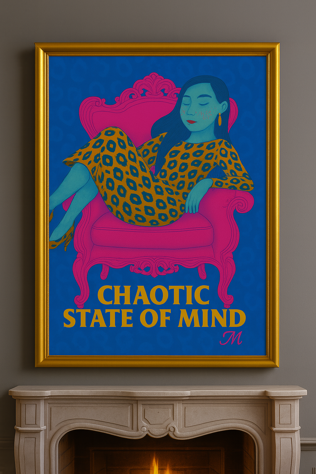 Chaotic state of mind poster of a sitting woman in chair bleu pink neon by match wall art