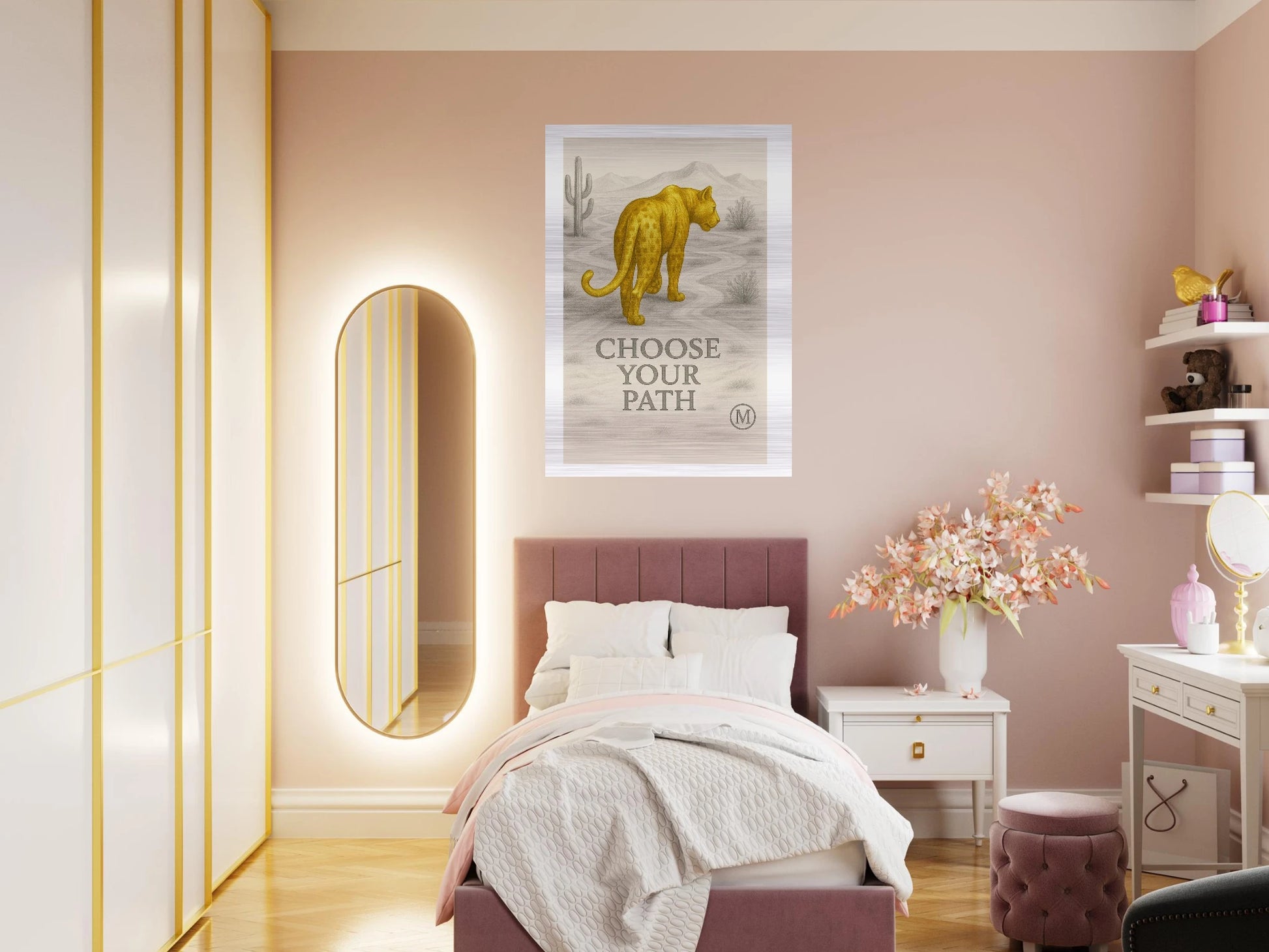 golden cheetah brushed aluminum wall art -pink room-luxury wildlife decor by MATCH Wall Art