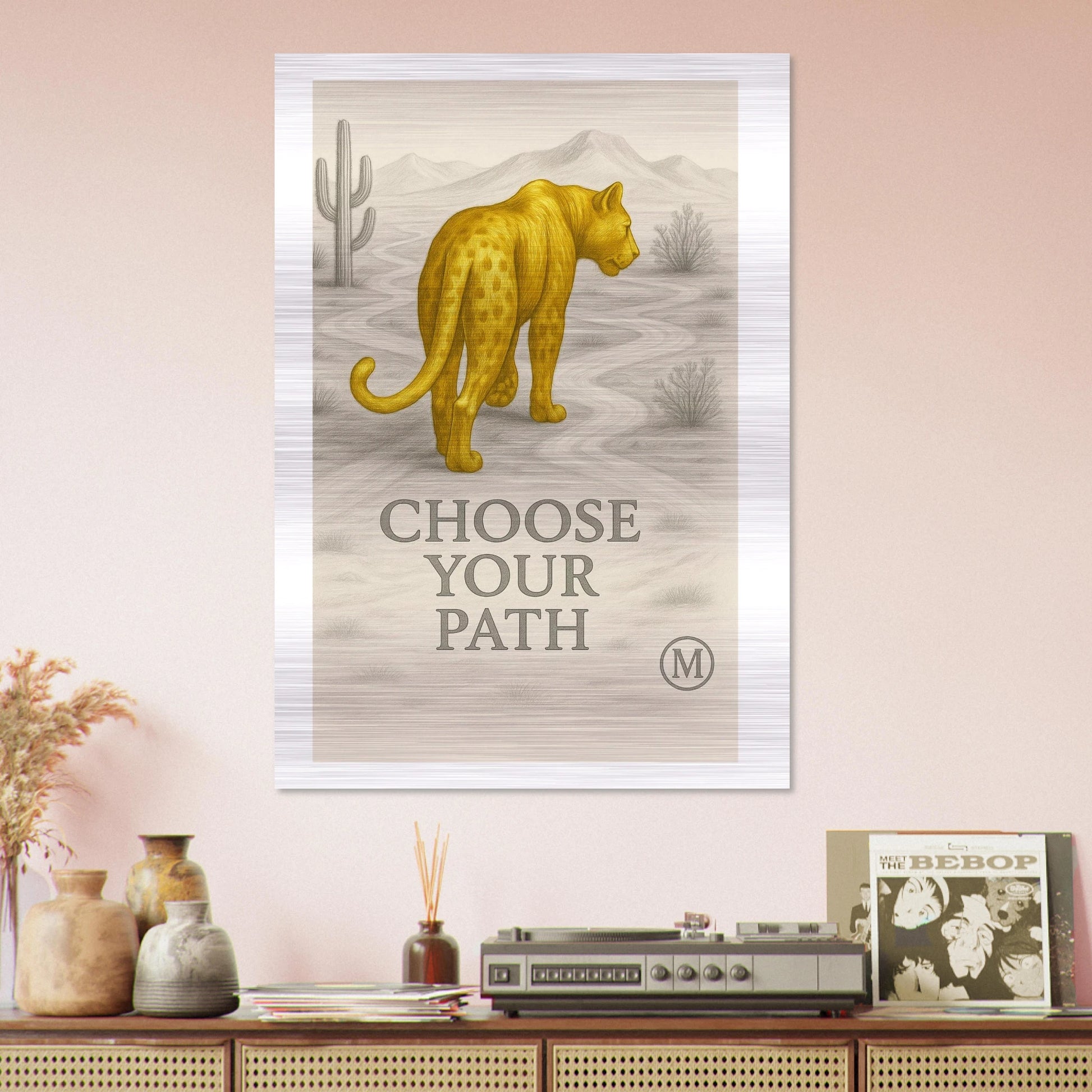 Elegant golden cheetah brushed aluminum wall art -bold luxury wildlife decor by MATCH Wall Art