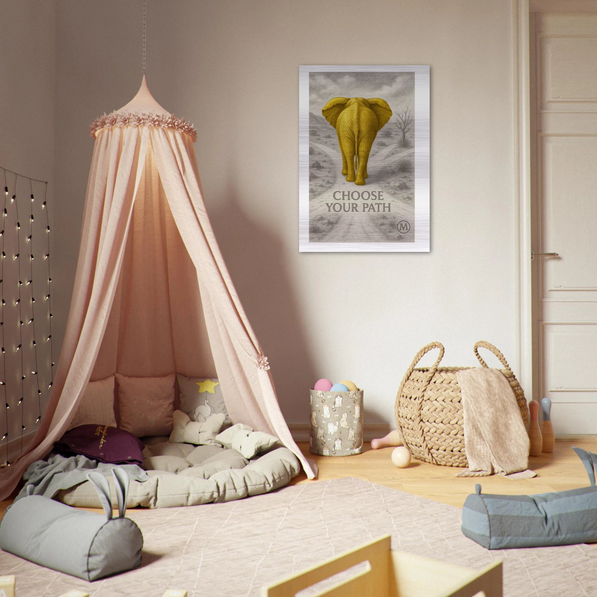 Majestic golden elephant brushed aluminum wall art - pink tent room kids piece by MATCH Wall Art