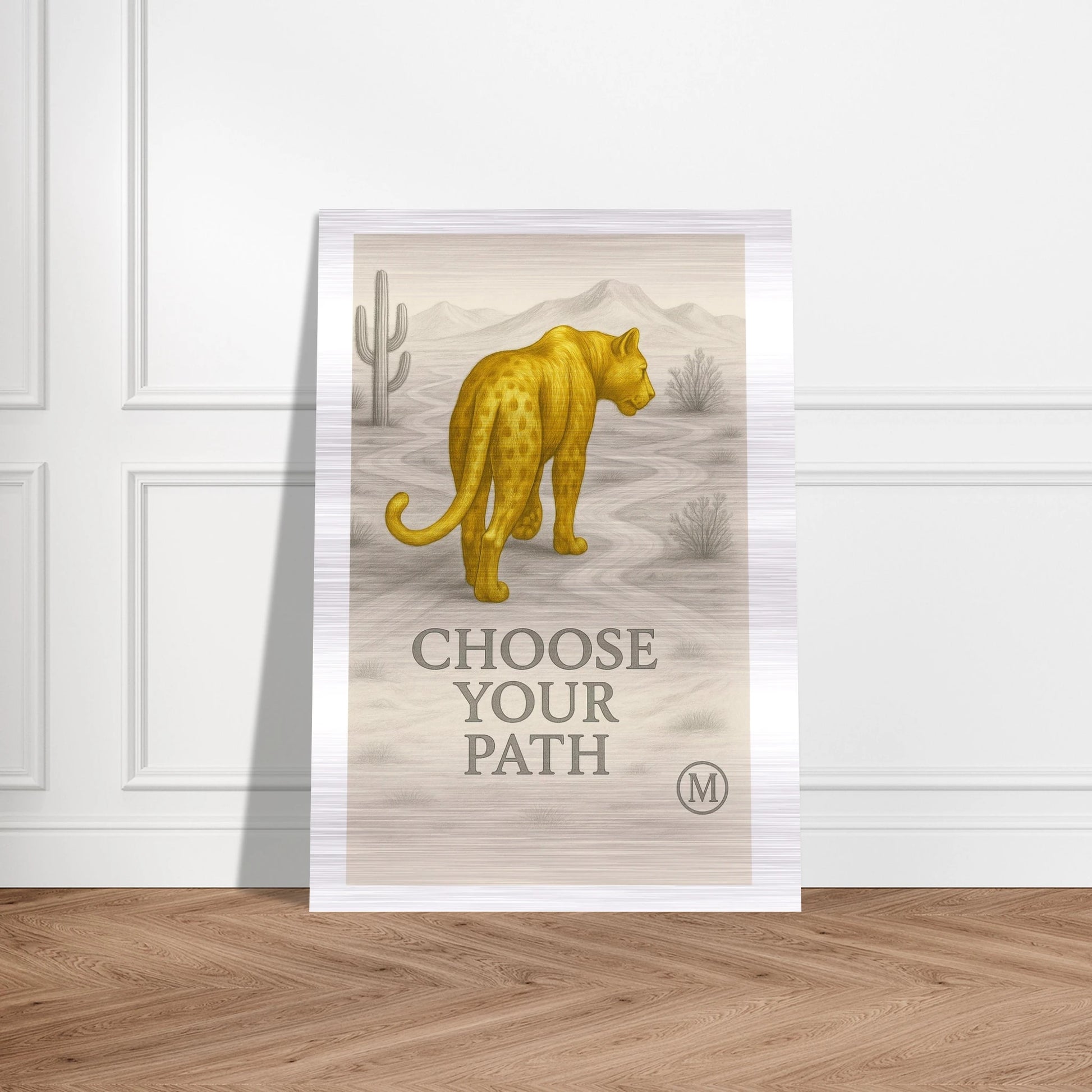 Elegant golden cheetah brushed aluminum wall art -sophisticated luxury wildlife decor by MATCH Wall Art