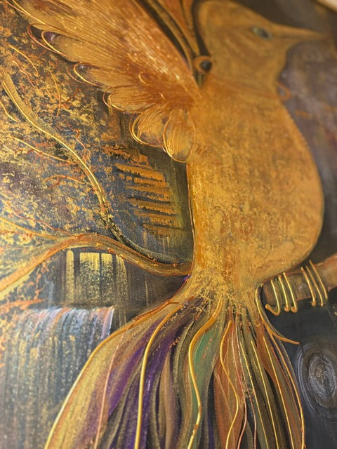 twinkels bird on wall painting of a bird golden, bold canvas artwork, textured painting 