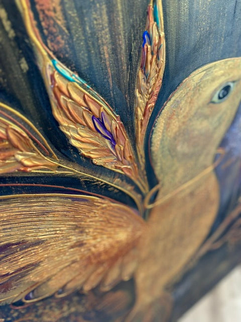 twinkeclose up of the wings bird painting of a bird bold canvas artwork, textured painting golden artwork