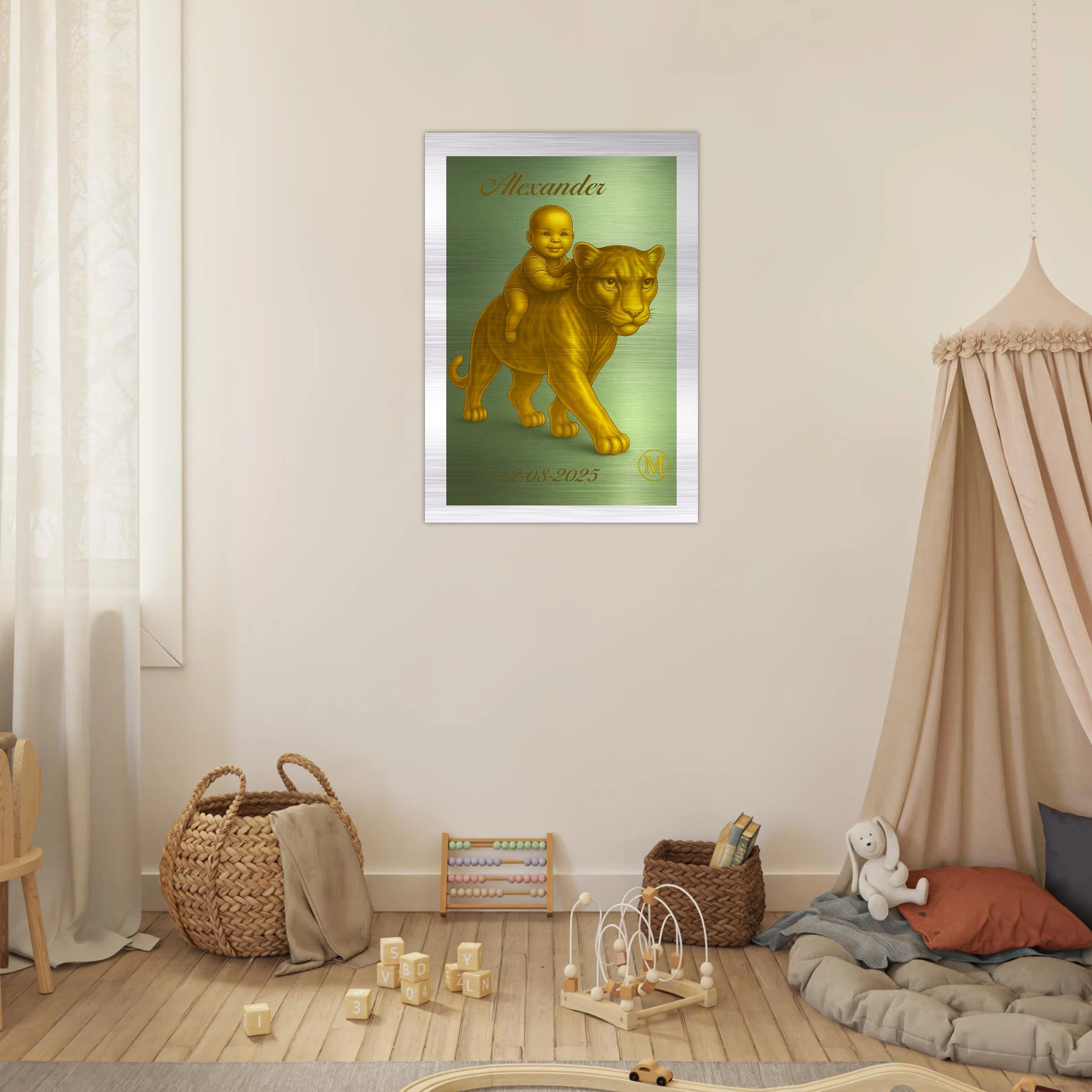 Custom Alexander baby shower gift featuring bold panther name wall art made from premium aluminum, ideal personalized nursery decor for newborn celebration