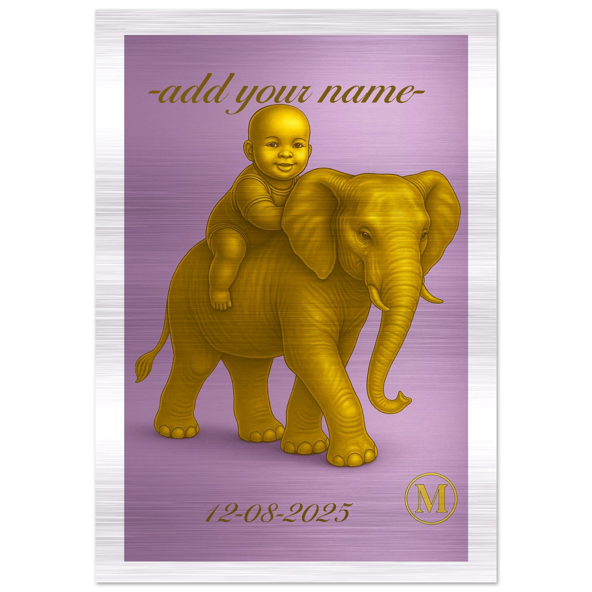 Personalized elephant brushed aluminium wall art gift with baby name. Luxury nursery decor & unique birth gift featuring a golden elephant