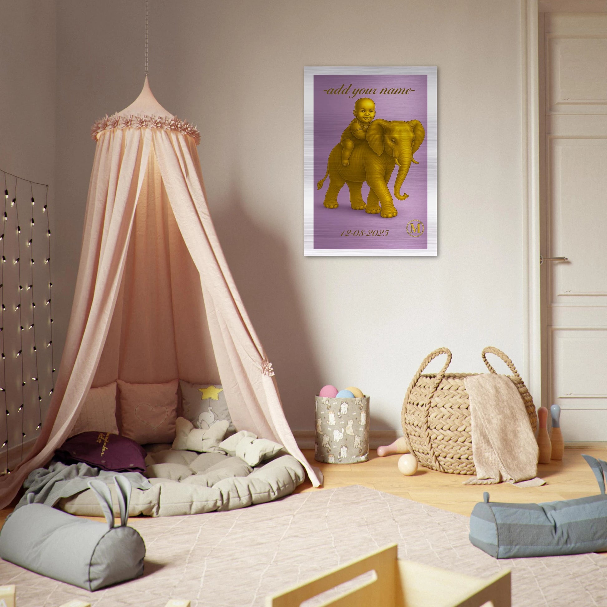 Custom baby shower gift featuring adorable purple elephant name wall art made from premium aluminum, ideal personalized nursery decor for newborn celebration