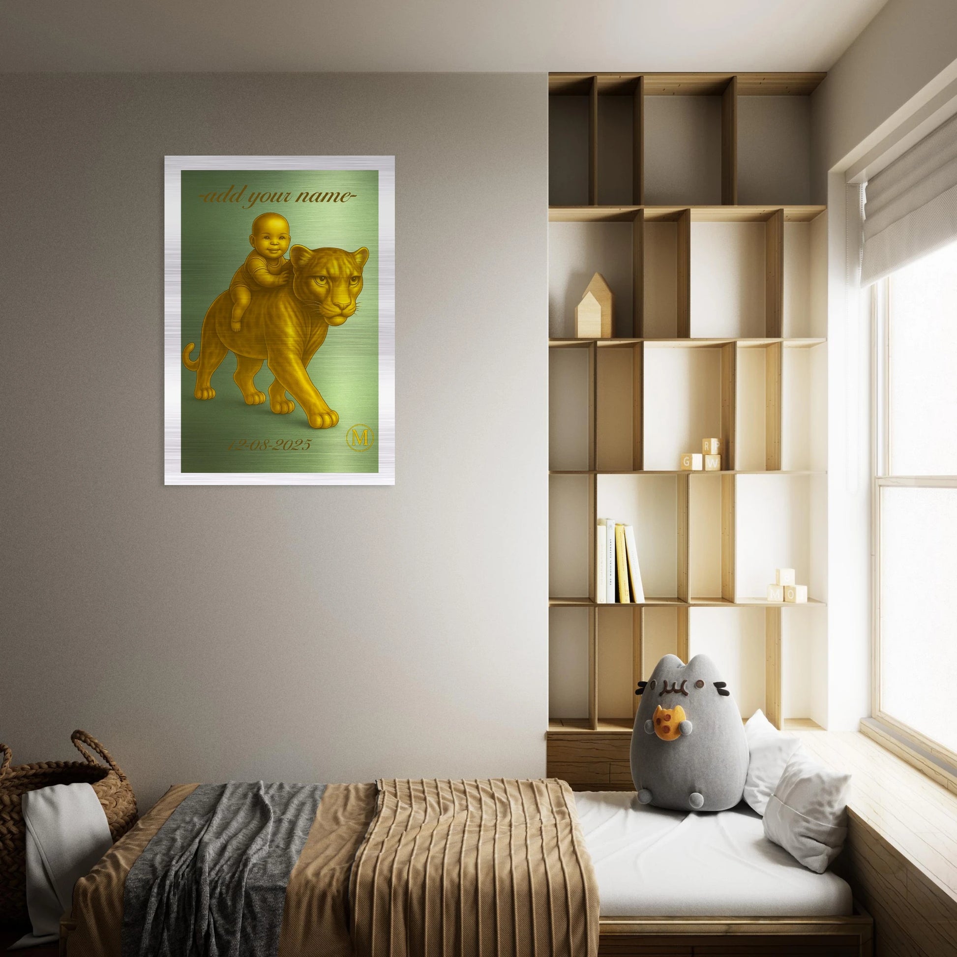 Custom made green panther baby name sign crafted from aluminum, perfect personalized birth gift and baby shower present for nursery room decor